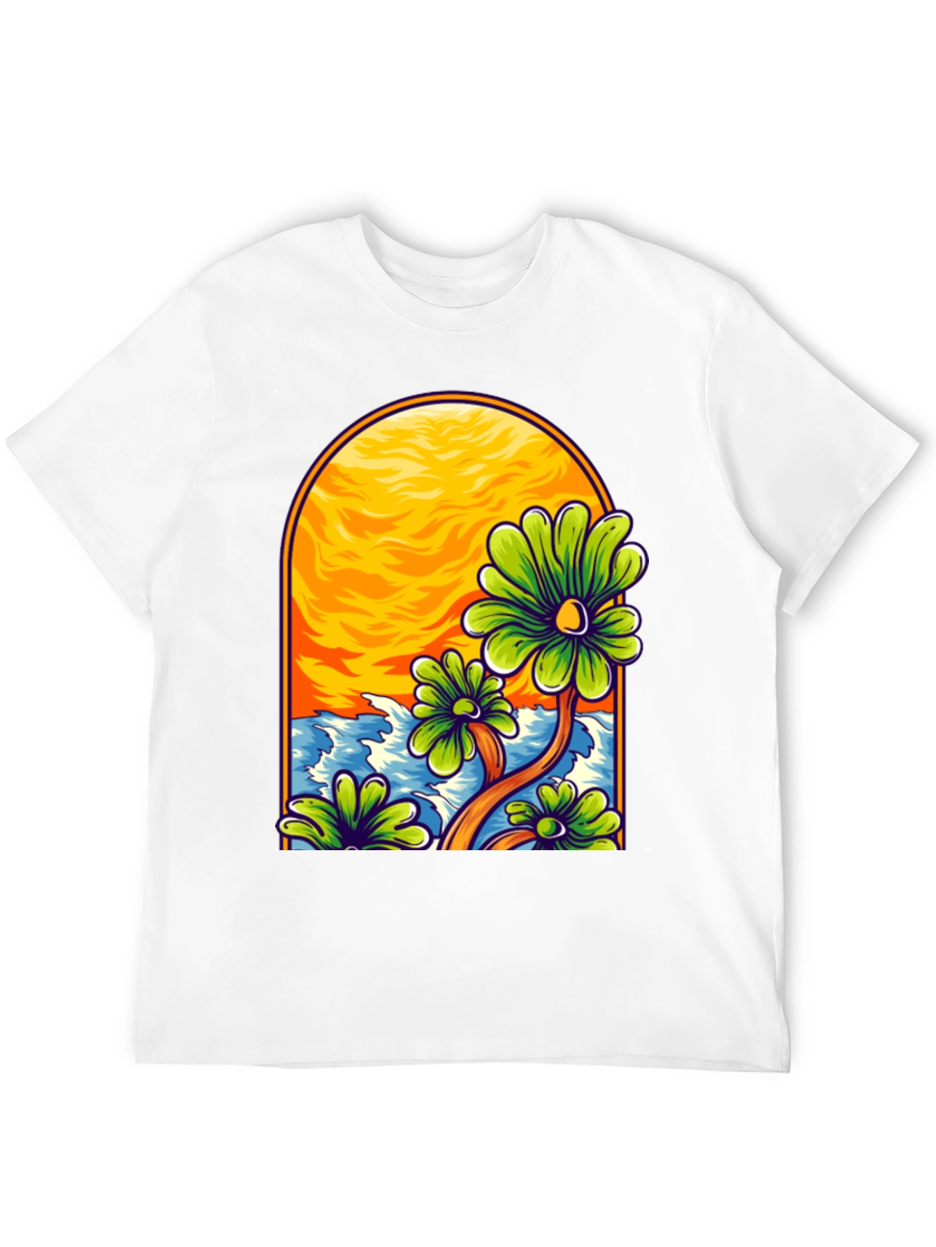 Floral Beach Scene Black T-Shirt