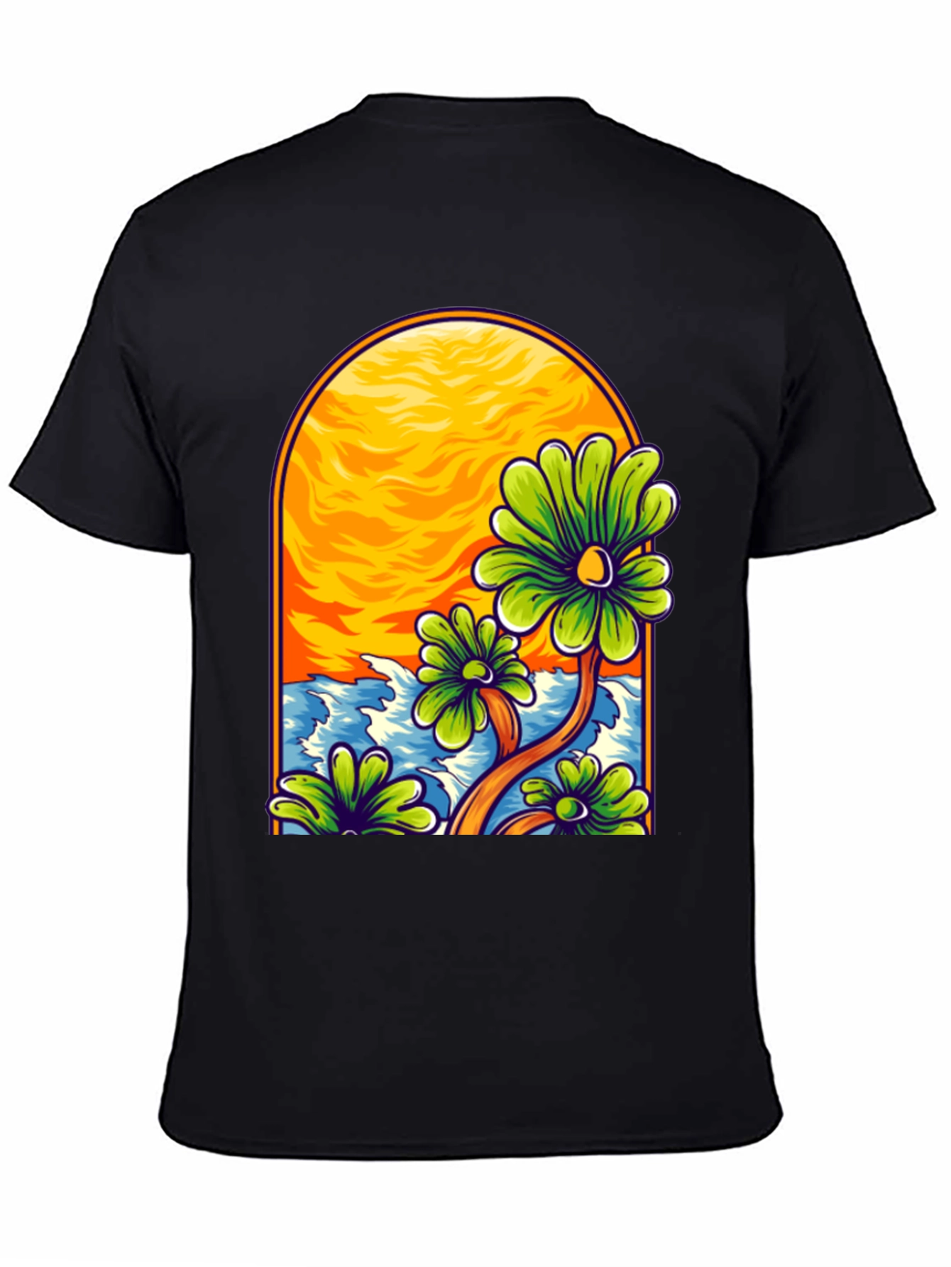 Floral Beach Scene Black T-Shirt