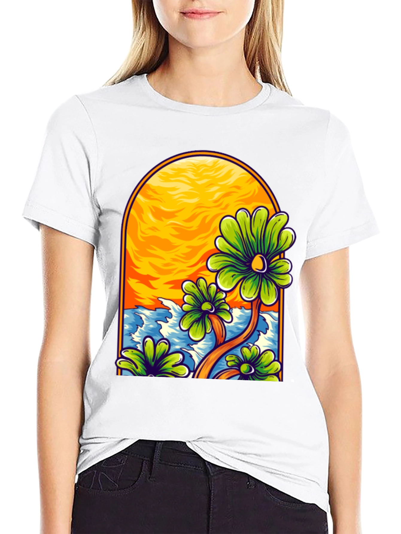 Floral Beach Scene Black T-Shirt