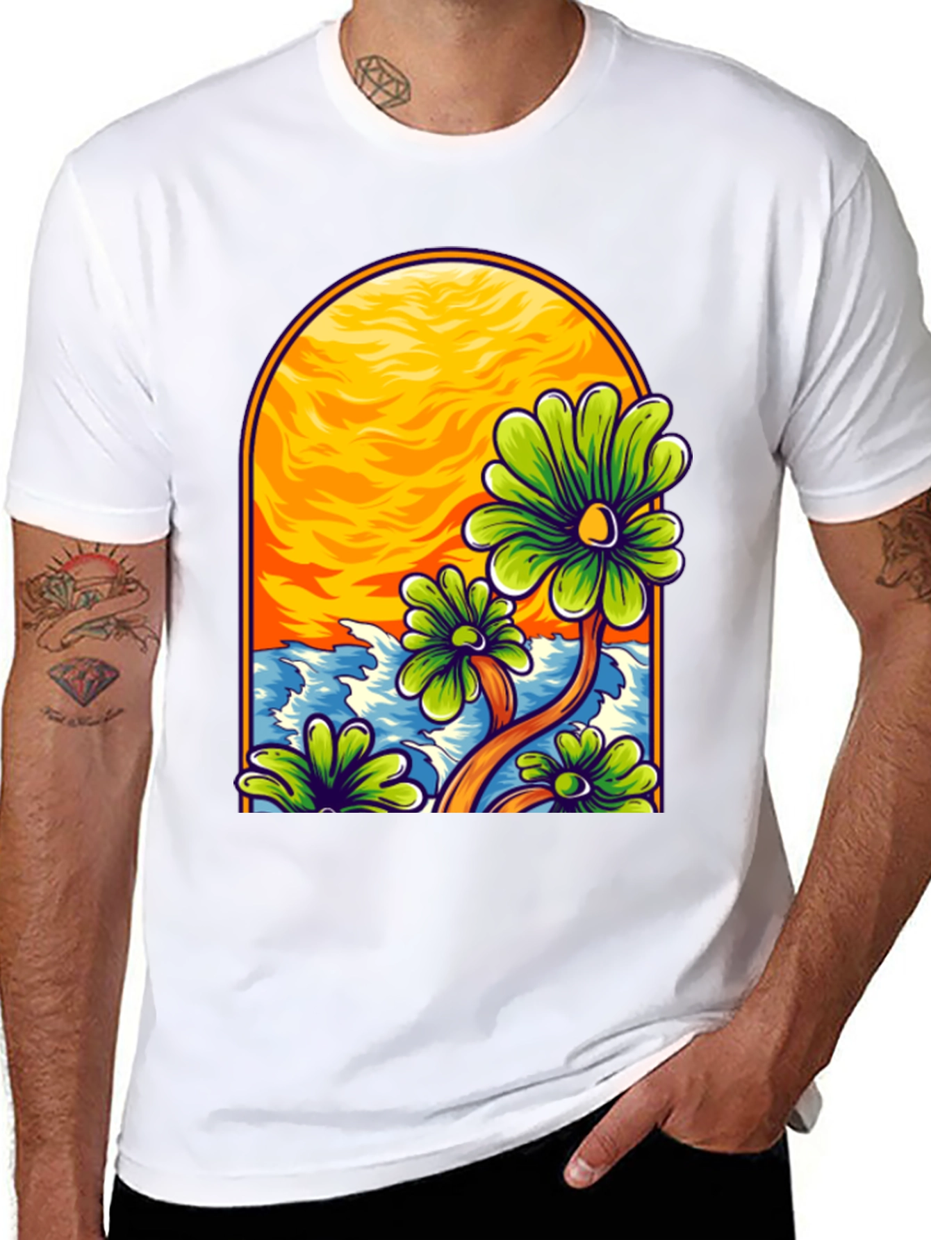 Floral Beach Scene Black T-Shirt
