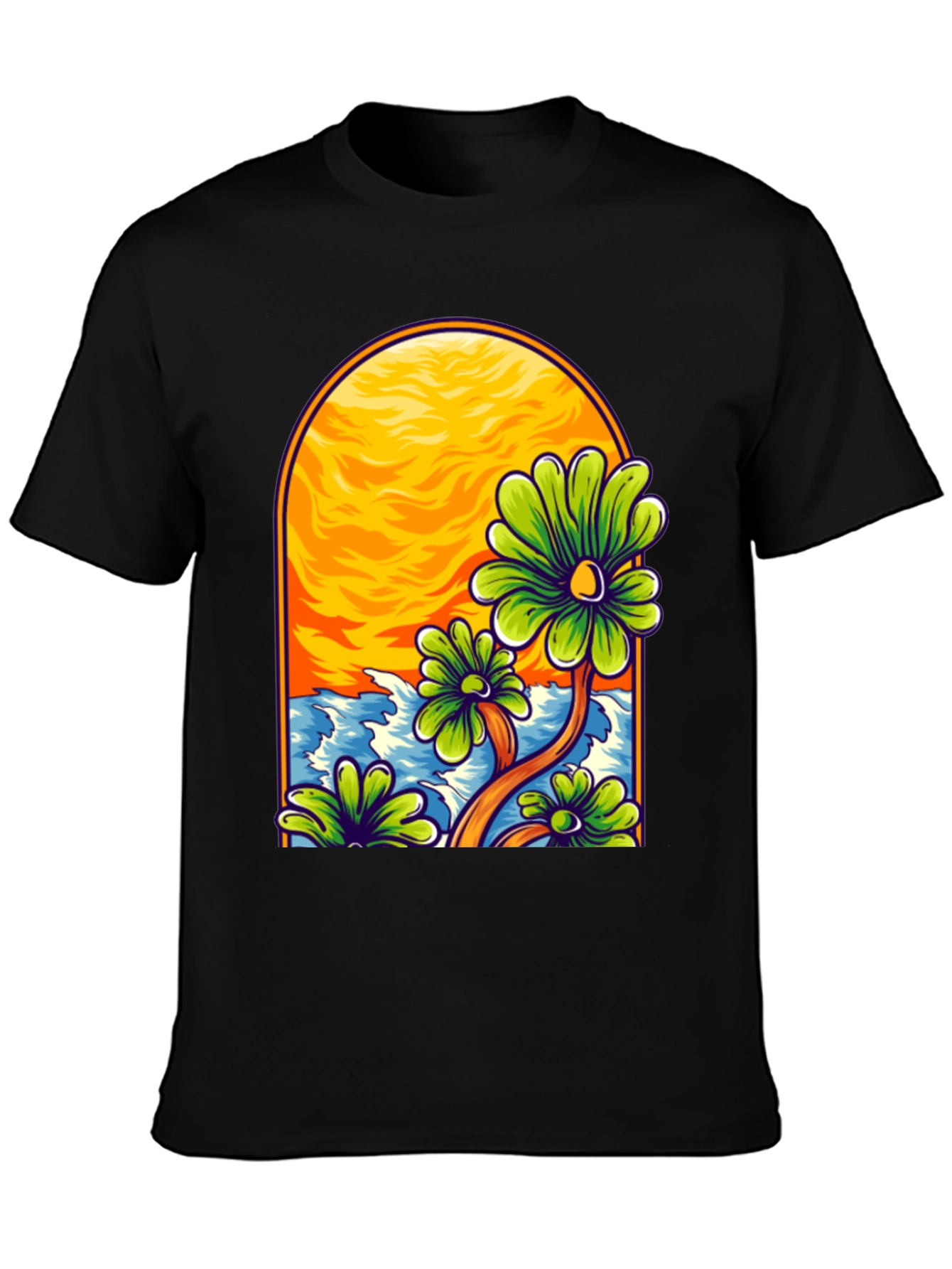 Floral Beach Scene Black T-Shirt