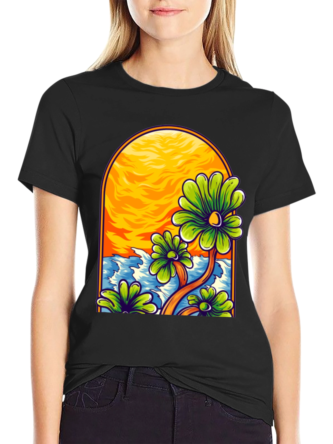 Floral Beach Scene Black T-Shirt