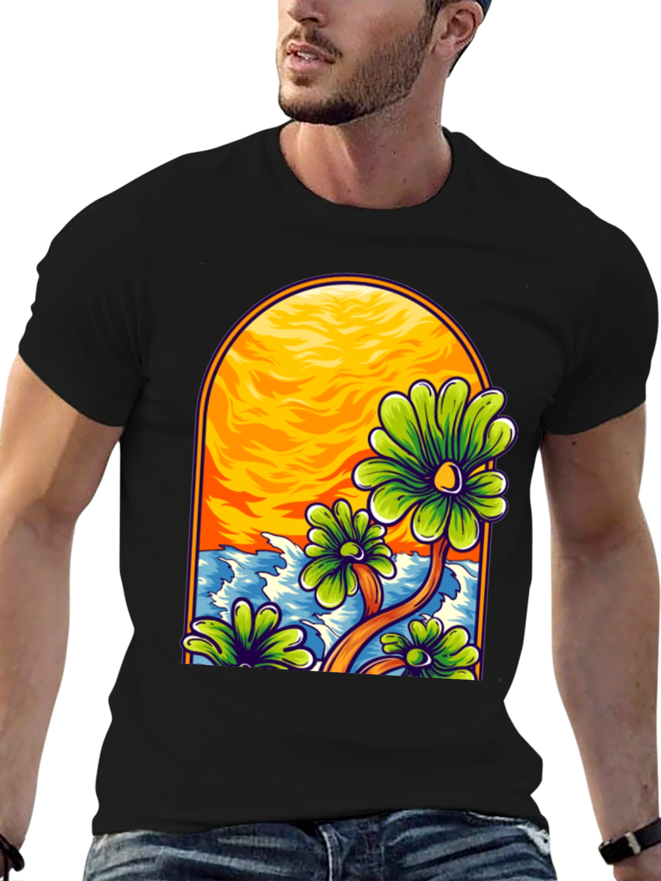 Floral Beach Scene Black T-Shirt