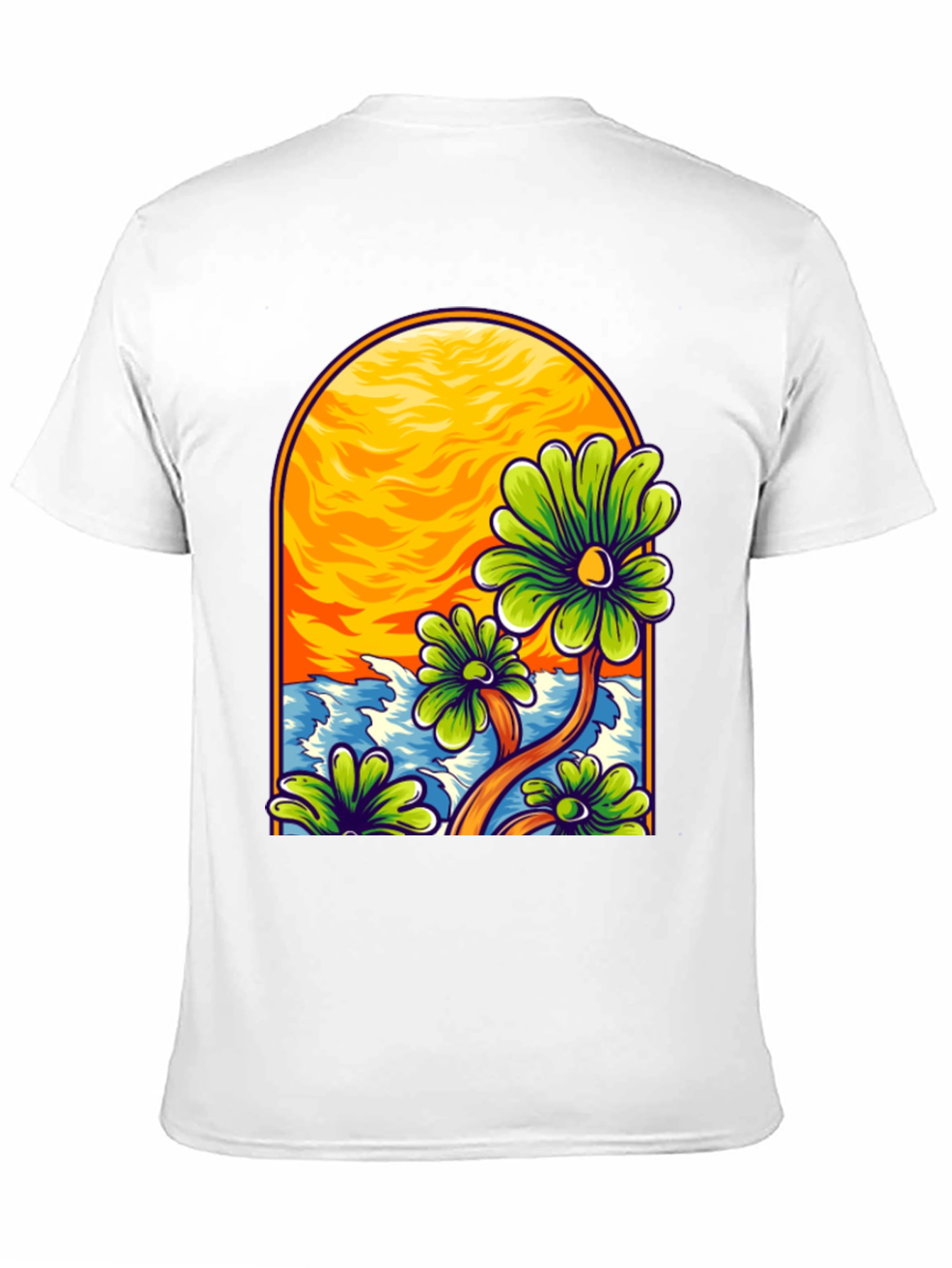 Floral Beach Scene Black T-Shirt