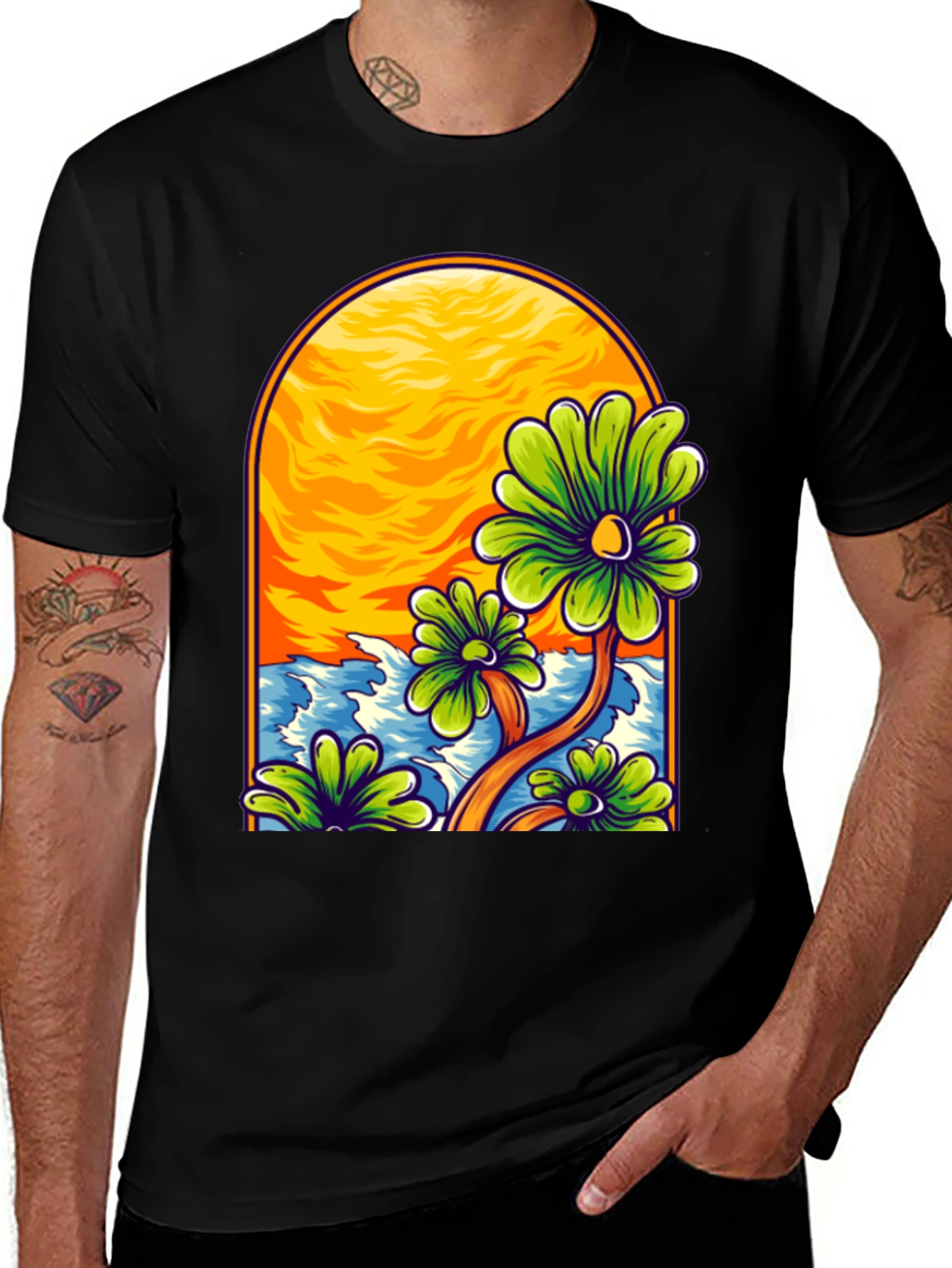 Floral Beach Scene Black T-Shirt