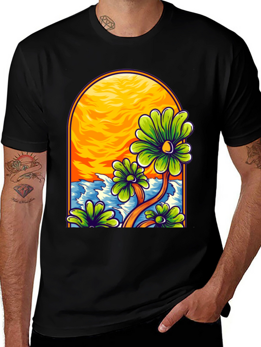 Floral Beach Scene Black T-Shirt