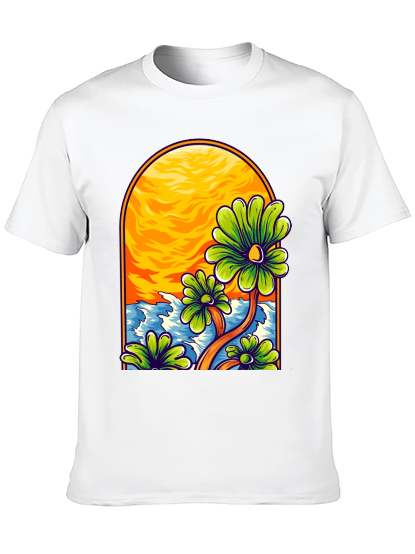 Floral Beach Scene Black T-Shirt