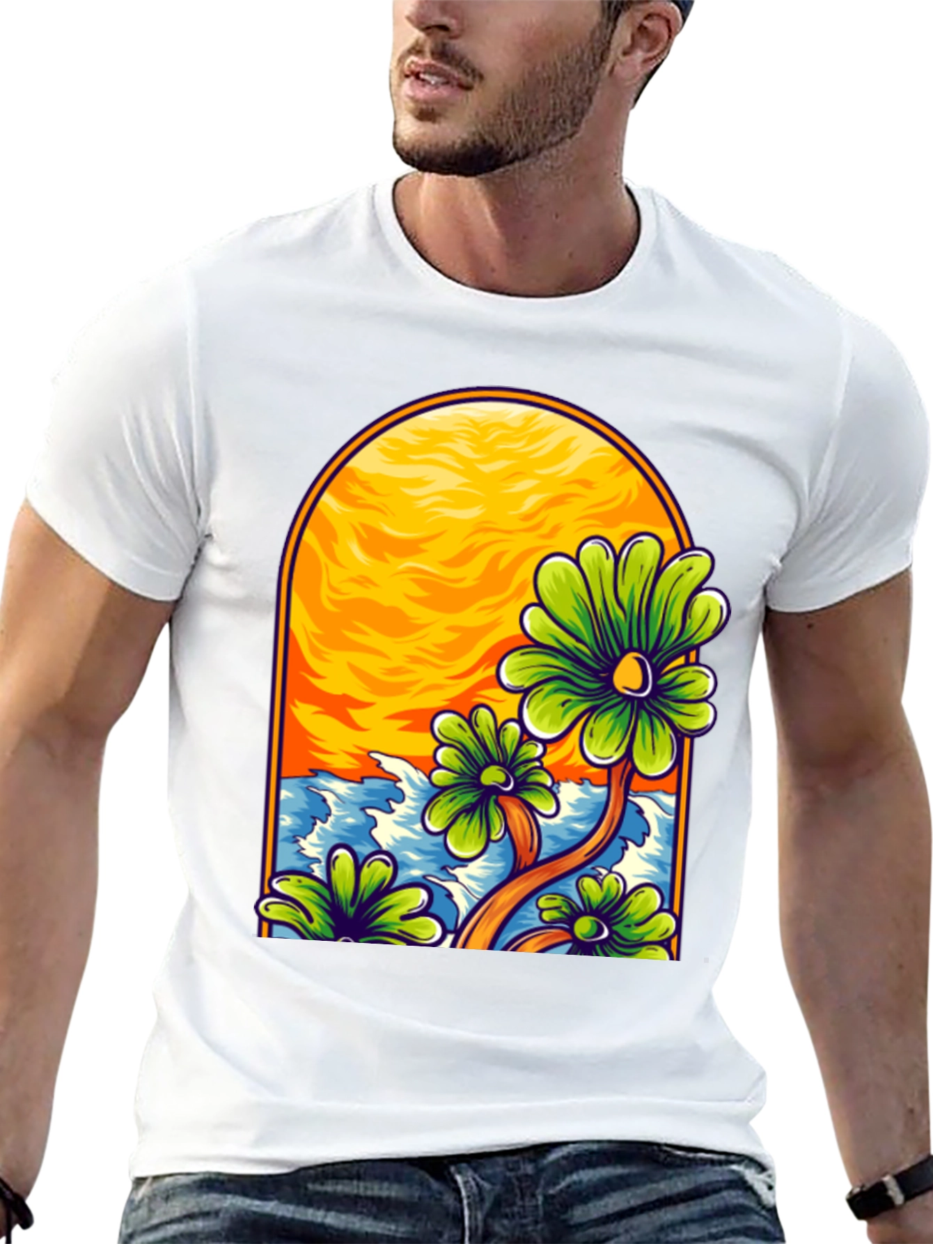 Floral Beach Scene Black T-Shirt