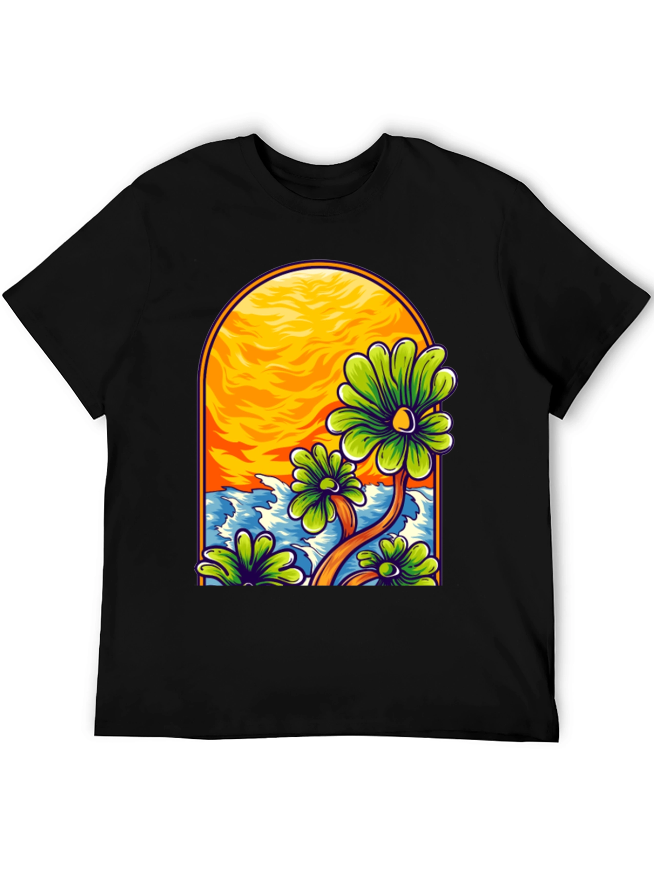 Floral Beach Scene Black T-Shirt
