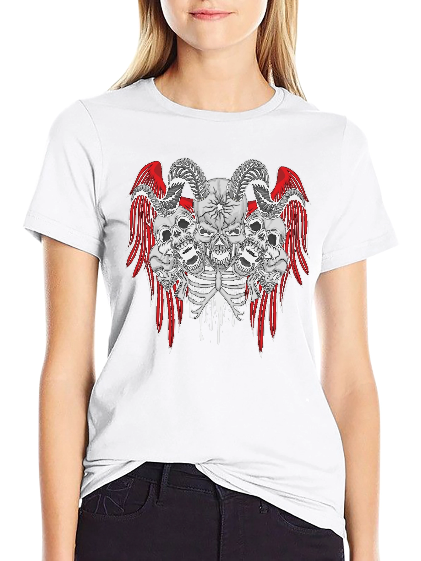 Skull and Wings Graphic Print Tee - Gothic Style