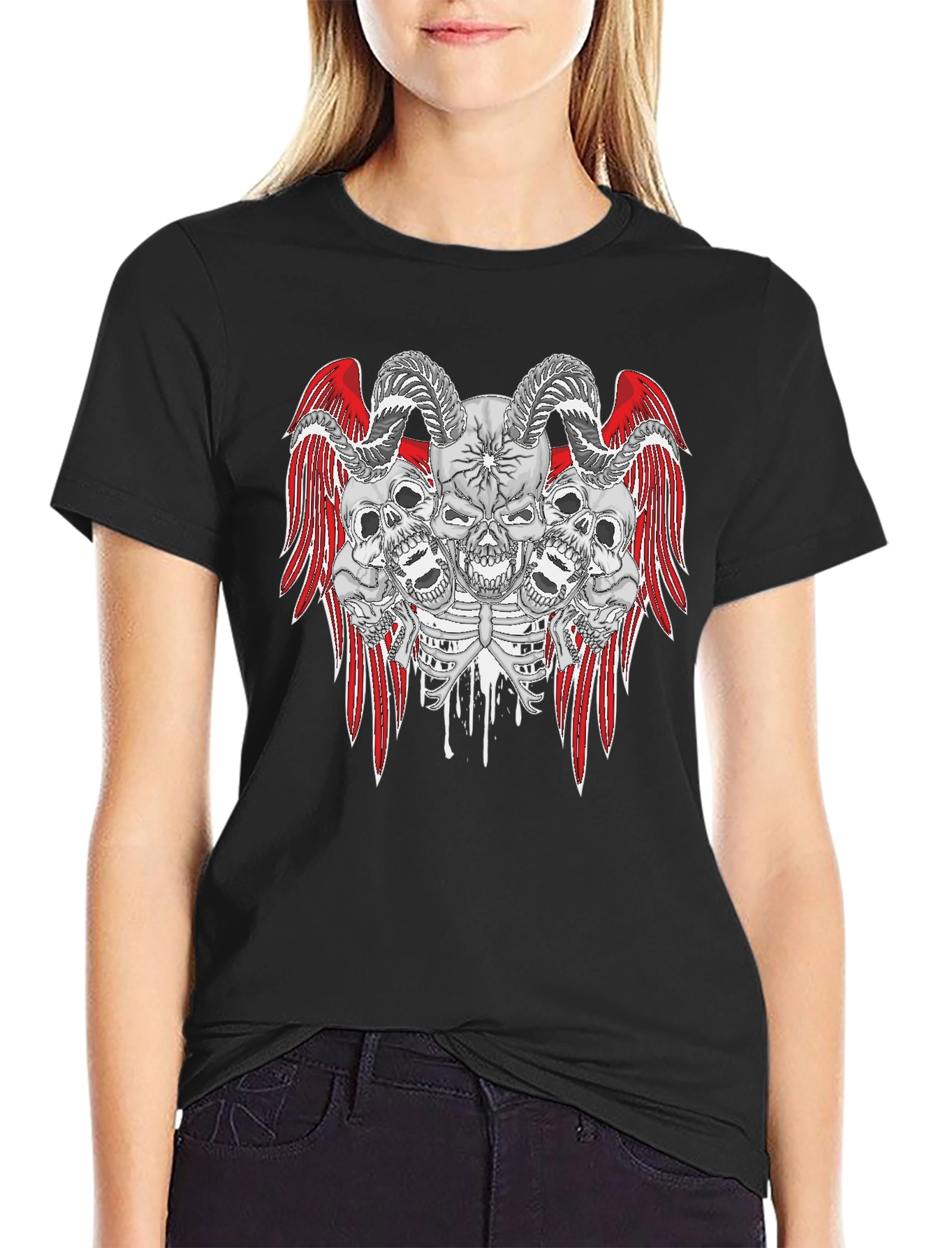 Skull and Wings Graphic Print Tee - Gothic Style
