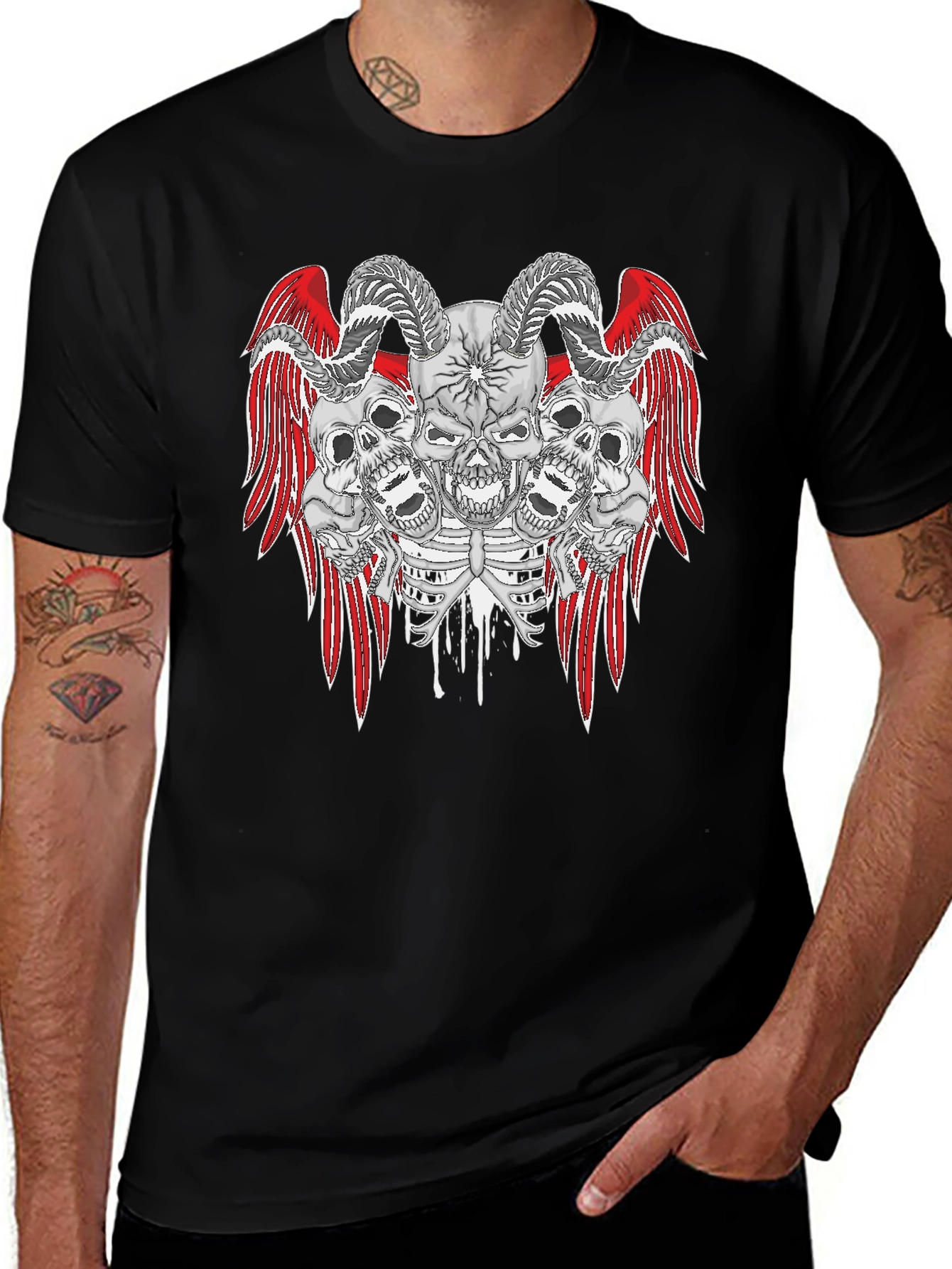 Skull and Wings Graphic Print Tee - Gothic Style