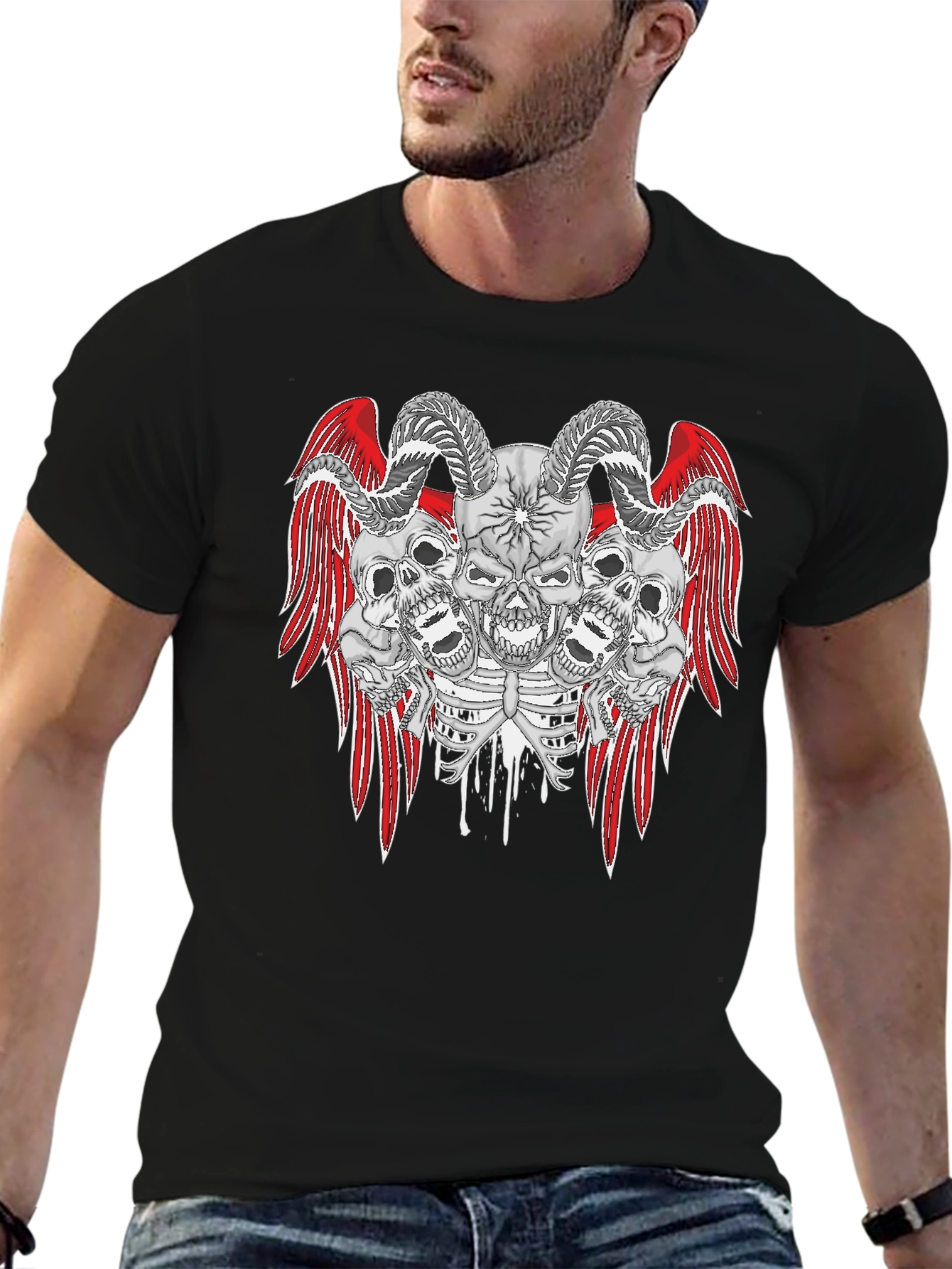 Skull and Wings Graphic Print Tee - Gothic Style