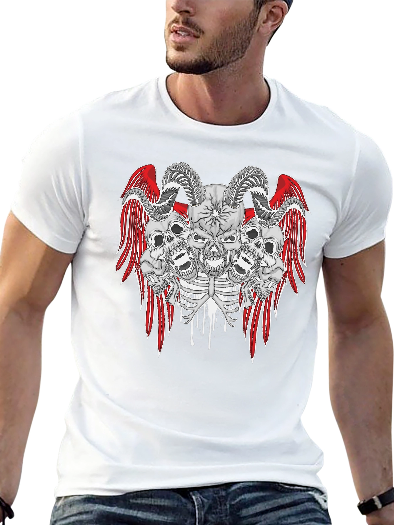 Skull and Wings Graphic Print Tee - Gothic Style