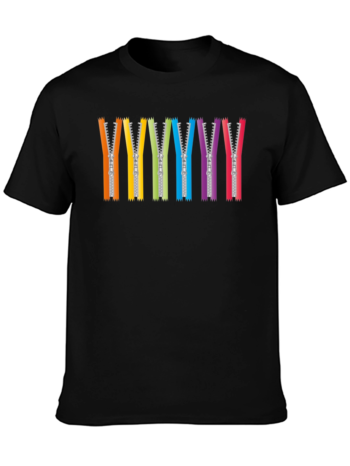 Rainbow Zipper Graphic Tee - Black Crew Neck T-Shirt