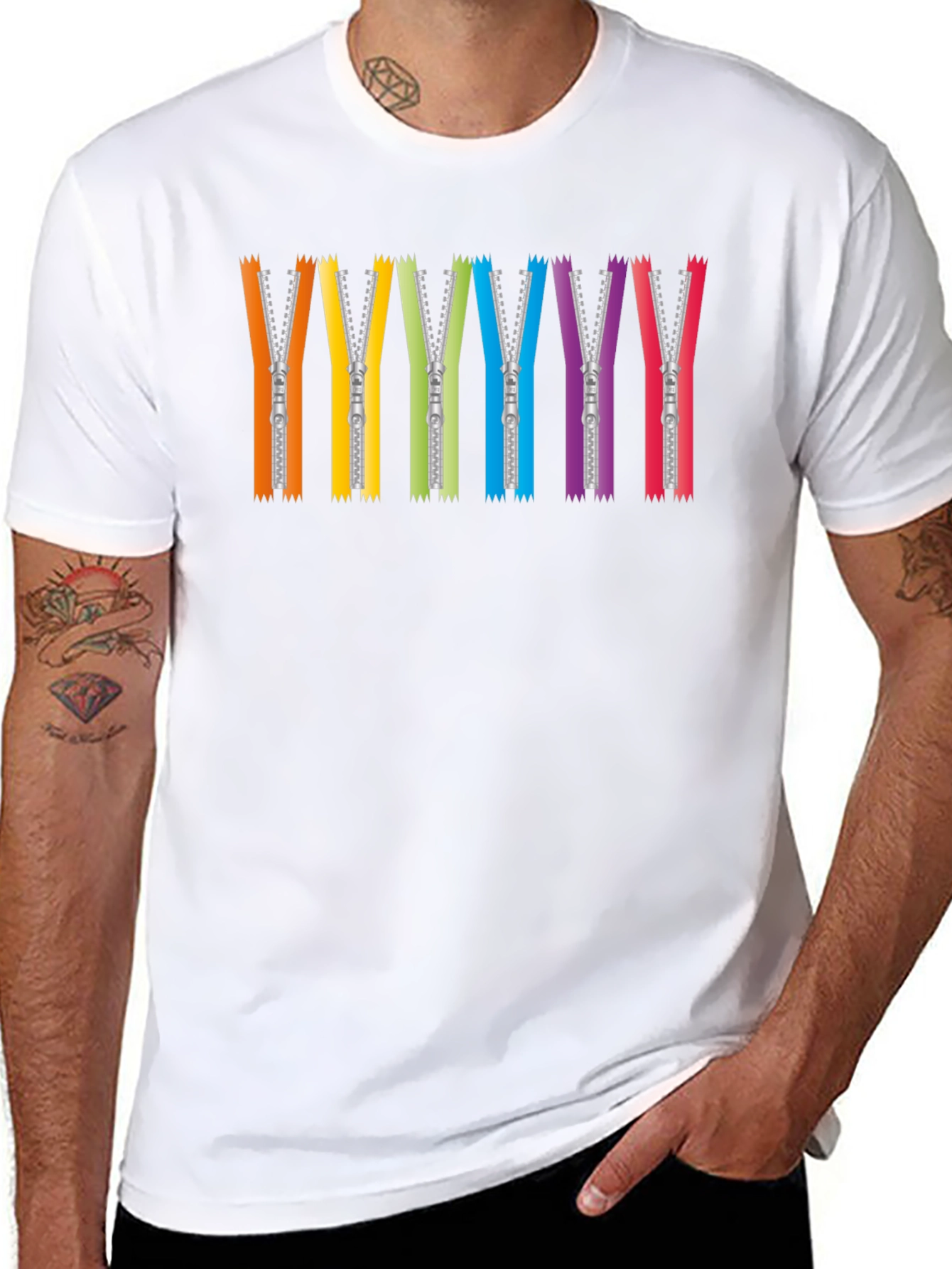 Rainbow Zipper Graphic Tee - Black Crew Neck T-Shirt