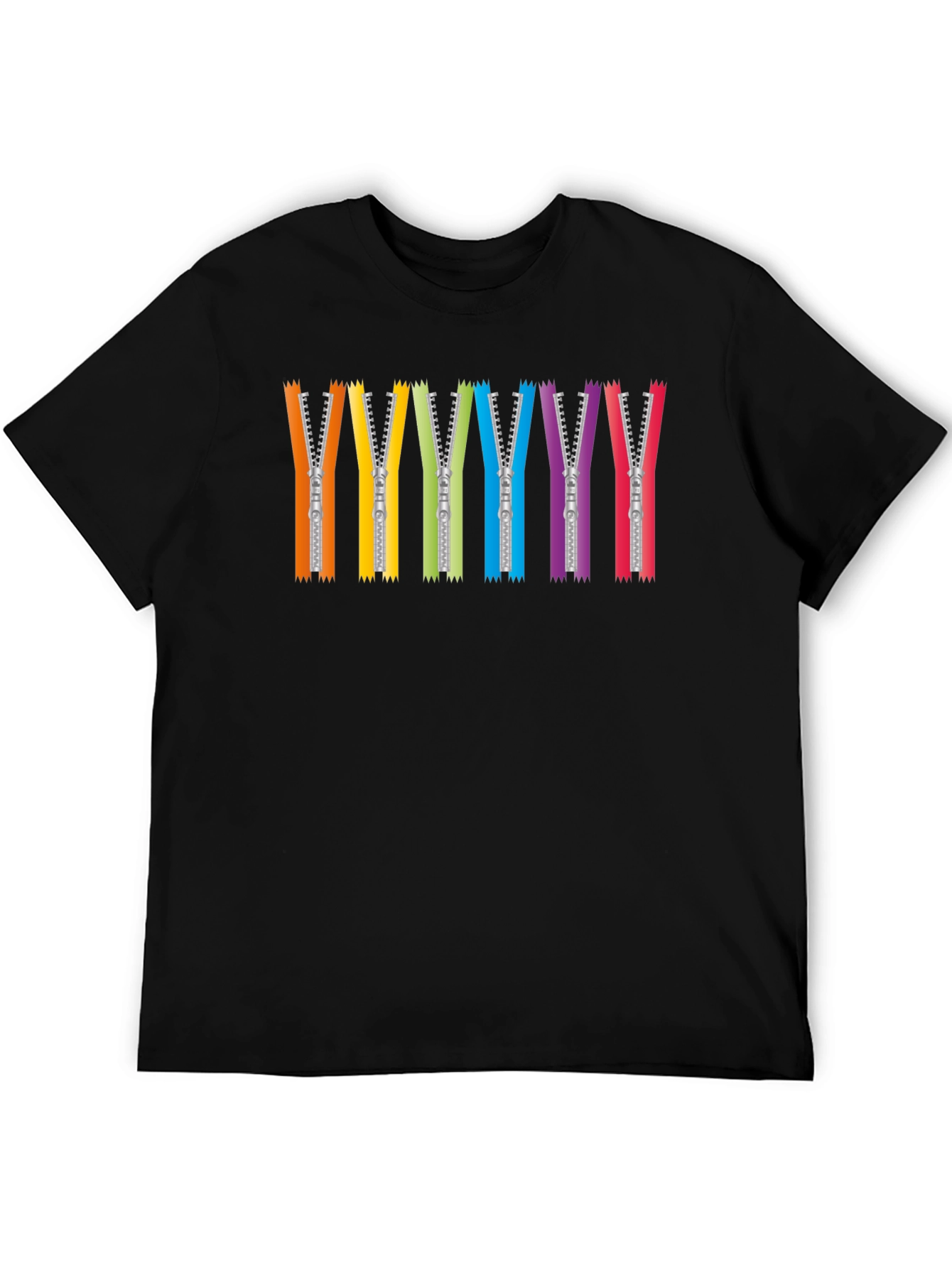 Rainbow Zipper Graphic Tee - Black Crew Neck T-Shirt