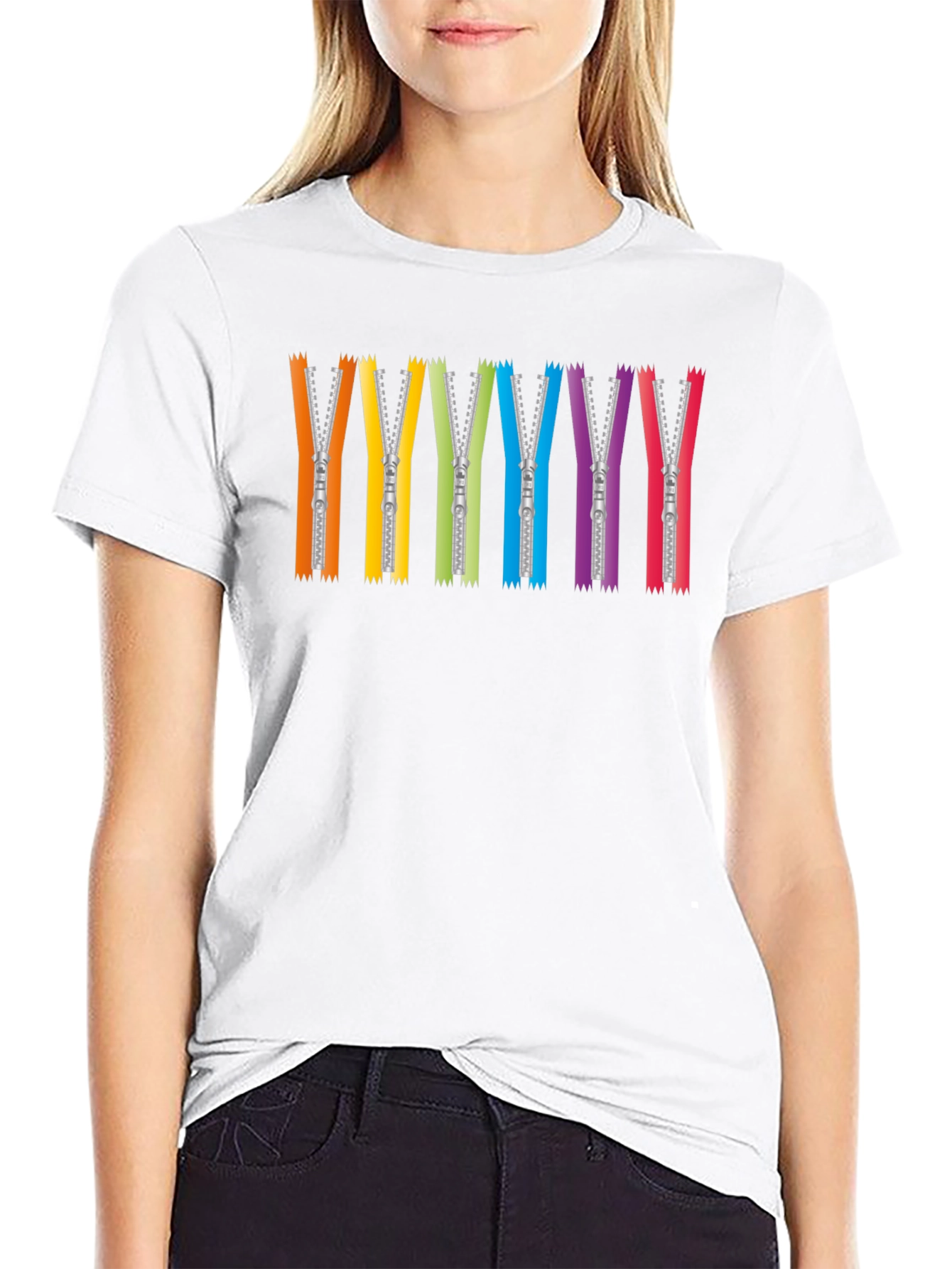 Rainbow Zipper Graphic Tee - Black Crew Neck T-Shirt