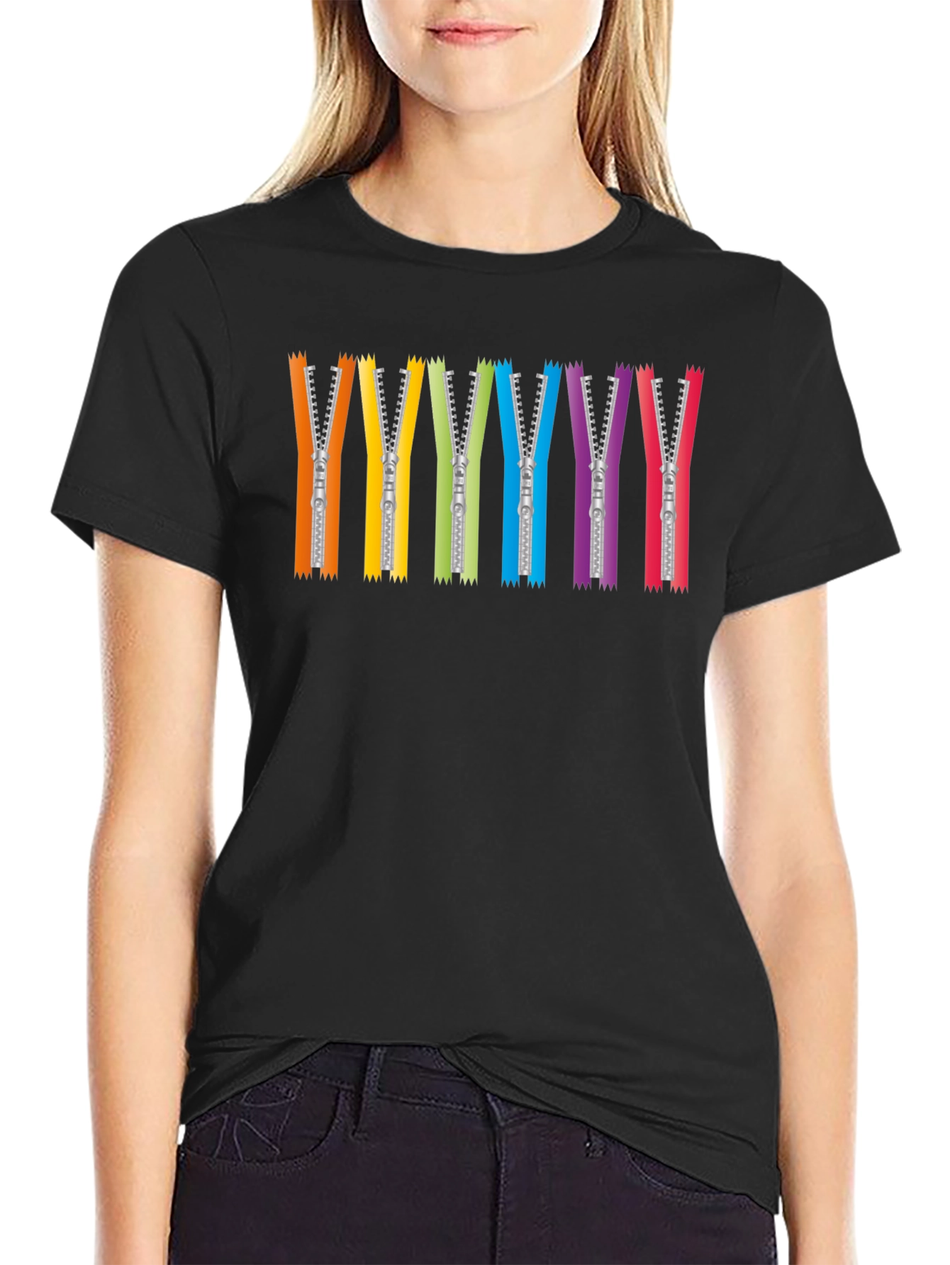 Rainbow Zipper Graphic Tee - Black Crew Neck T-Shirt