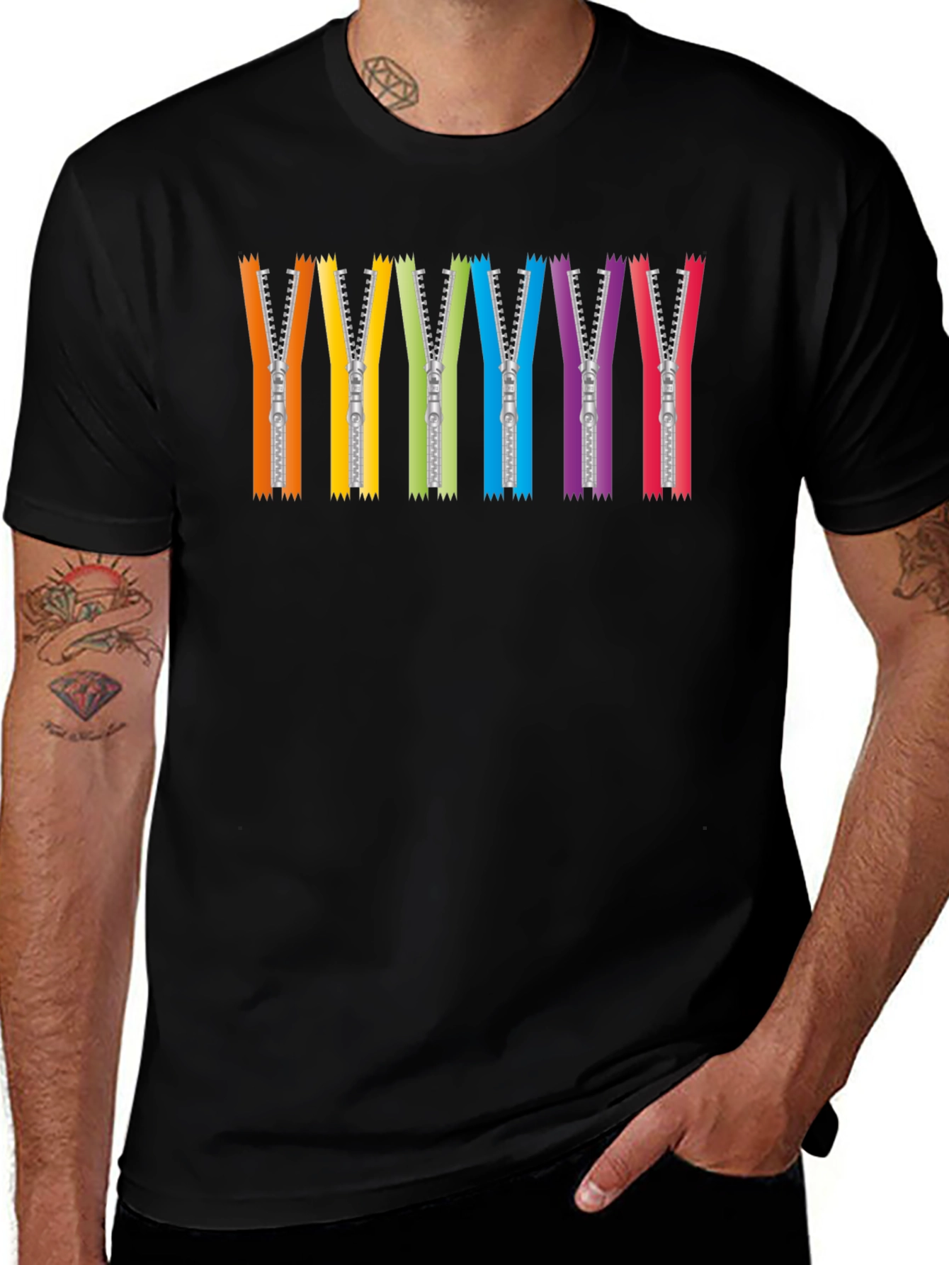 Rainbow Zipper Graphic Tee - Black Crew Neck T-Shirt