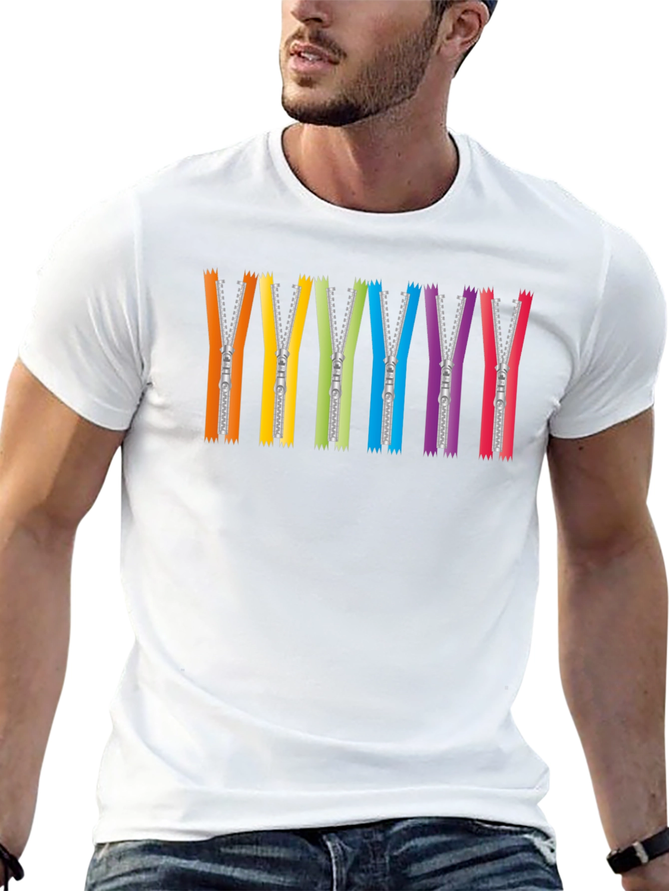 Rainbow Zipper Graphic Tee - Black Crew Neck T-Shirt