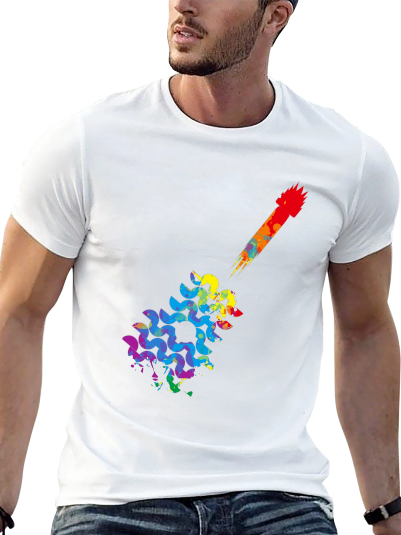 Rainbow Guitar Art Mens Black T-Shirt