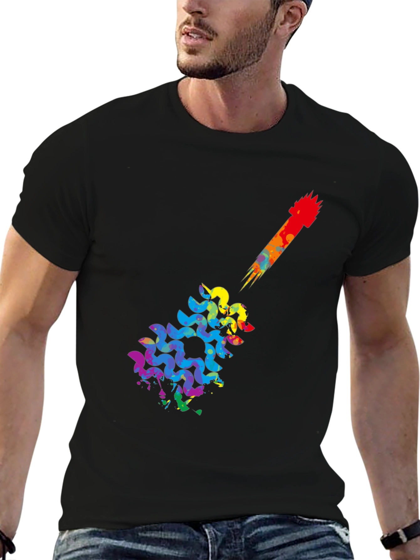 Rainbow Guitar Art Mens Black T-Shirt