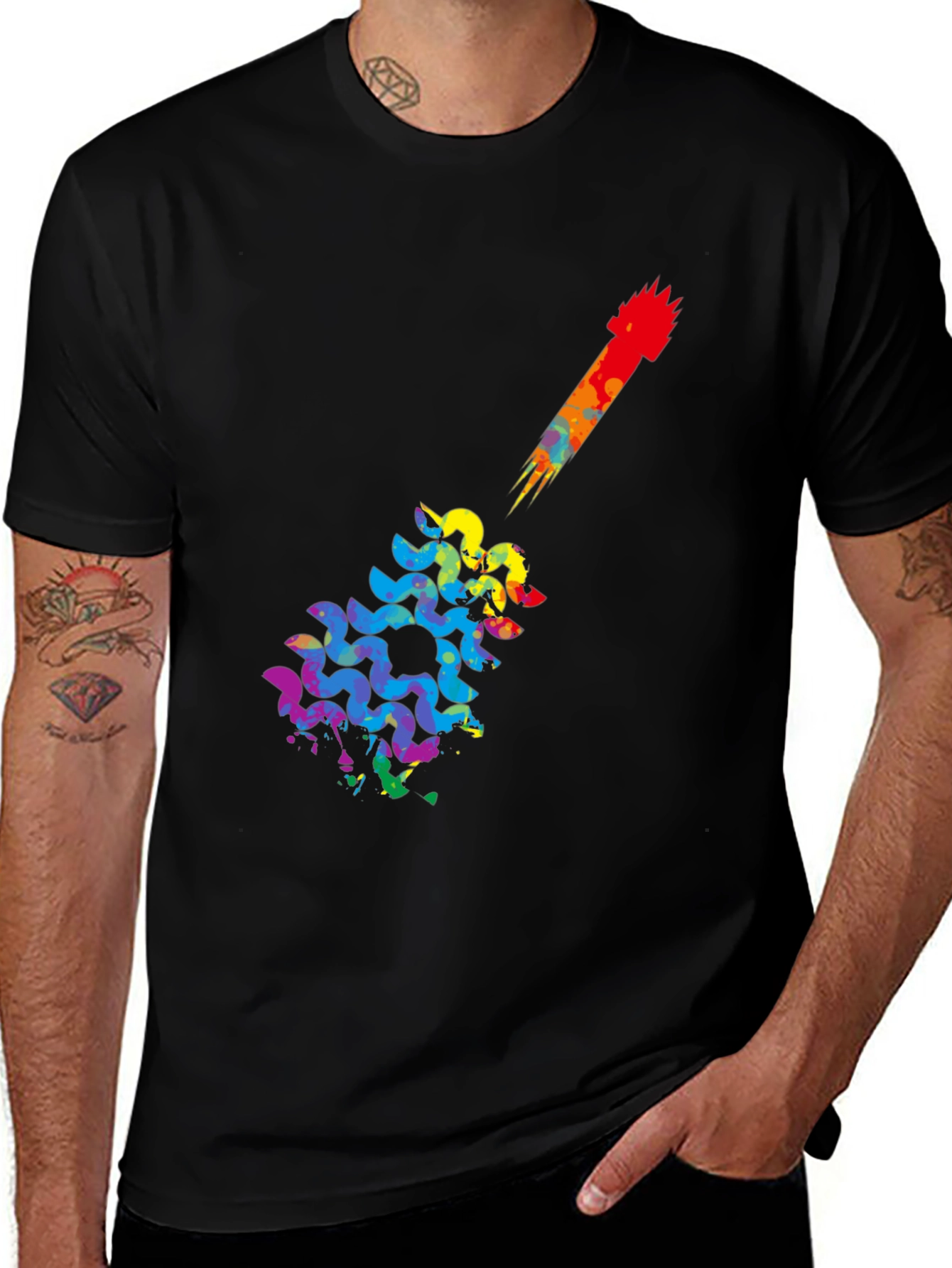 Rainbow Guitar Art Mens Black T-Shirt