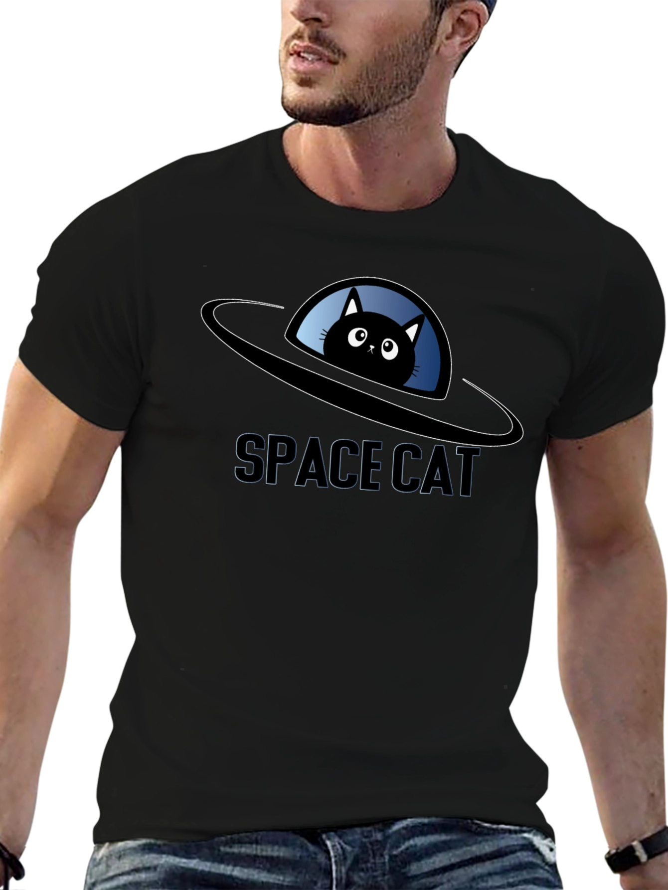 Space Cat UFO Black T-Shirt