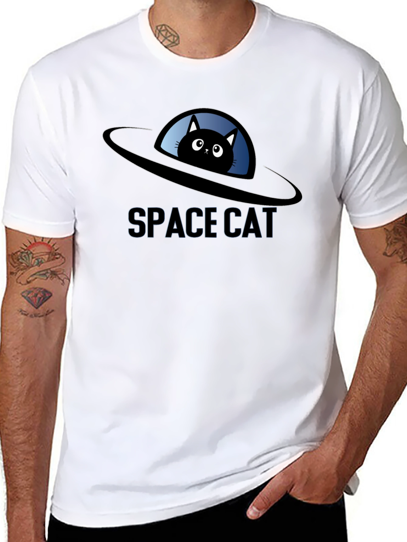 Space Cat UFO Black T-Shirt
