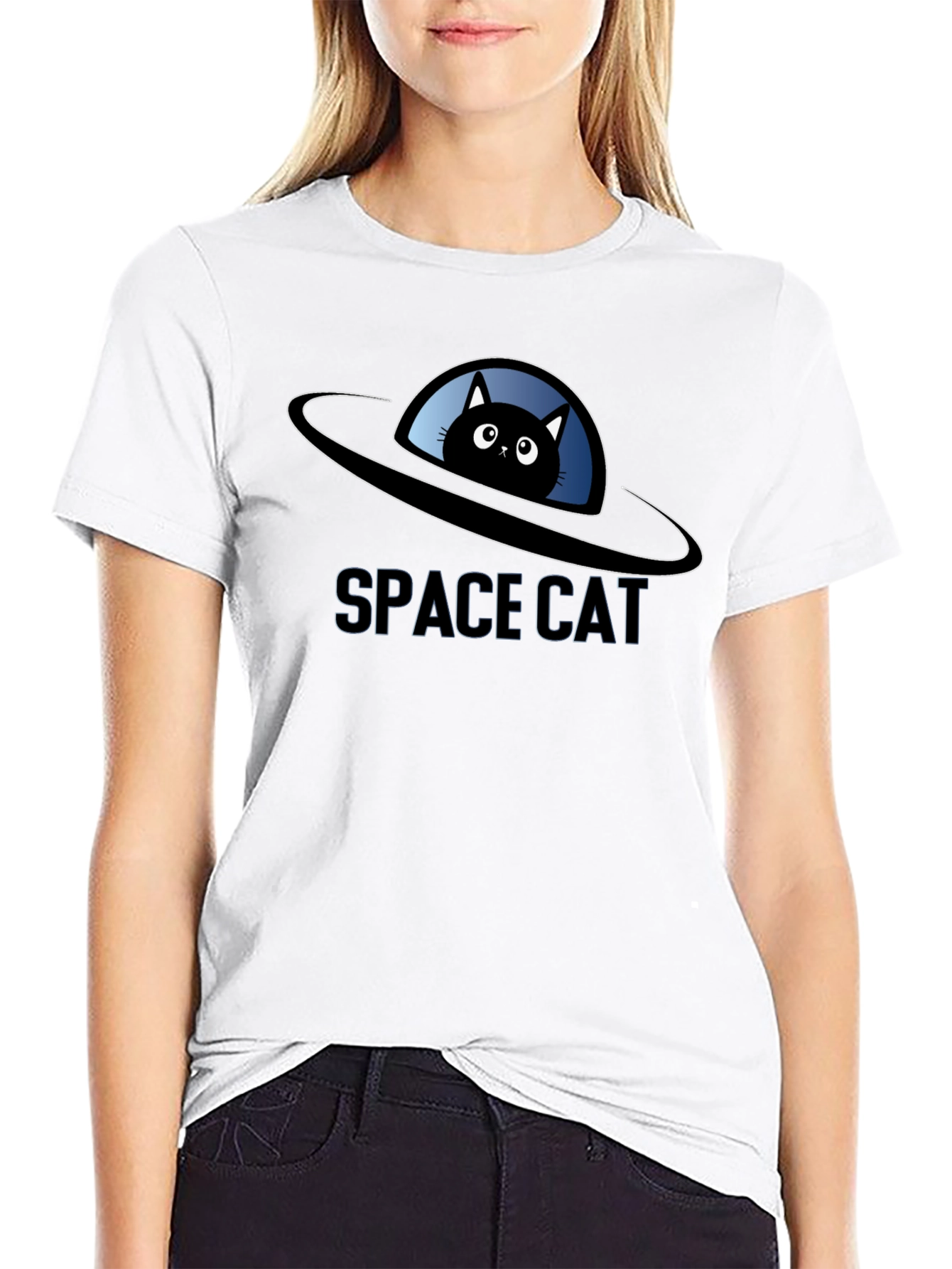 Space Cat UFO Black T-Shirt