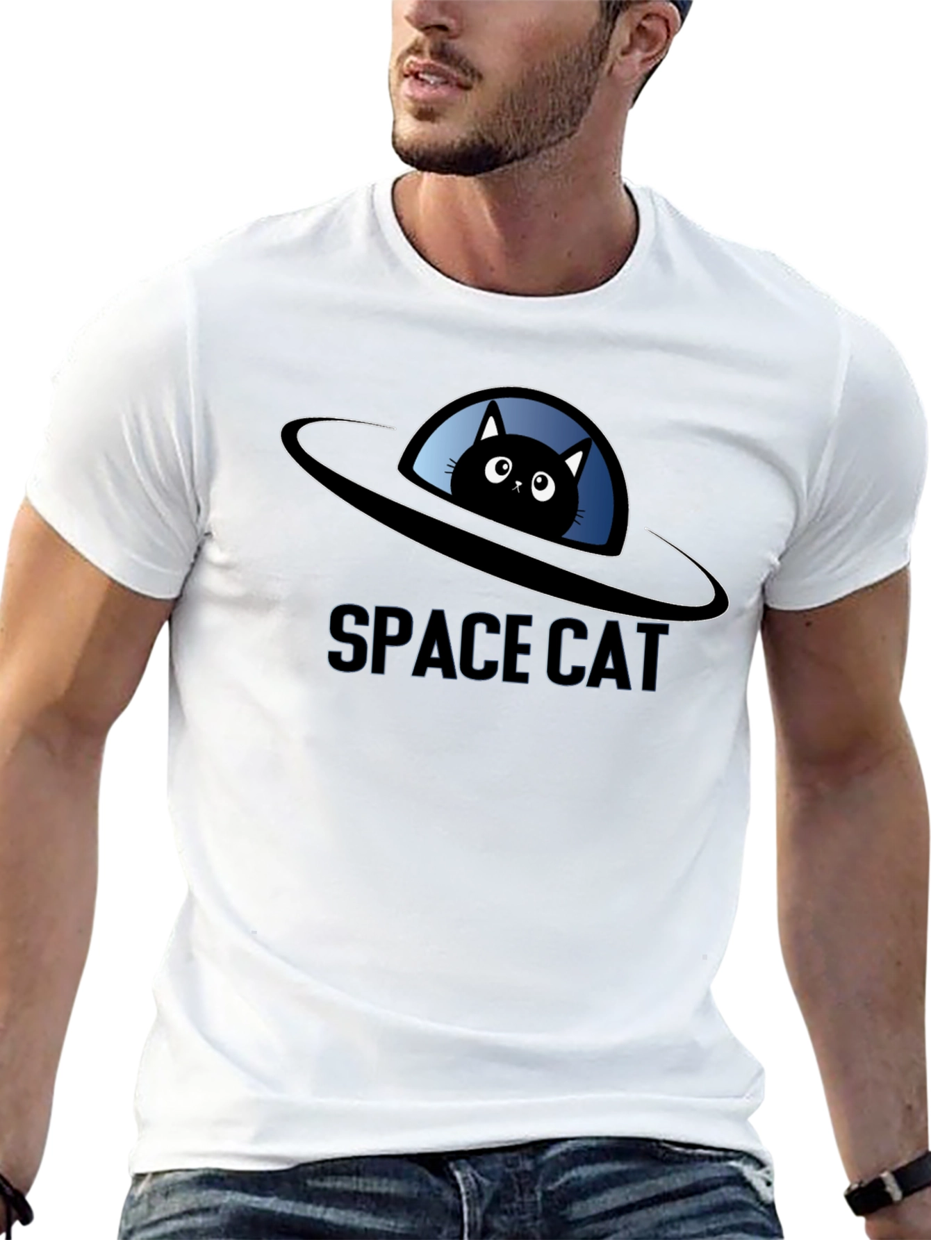 Space Cat UFO Black T-Shirt