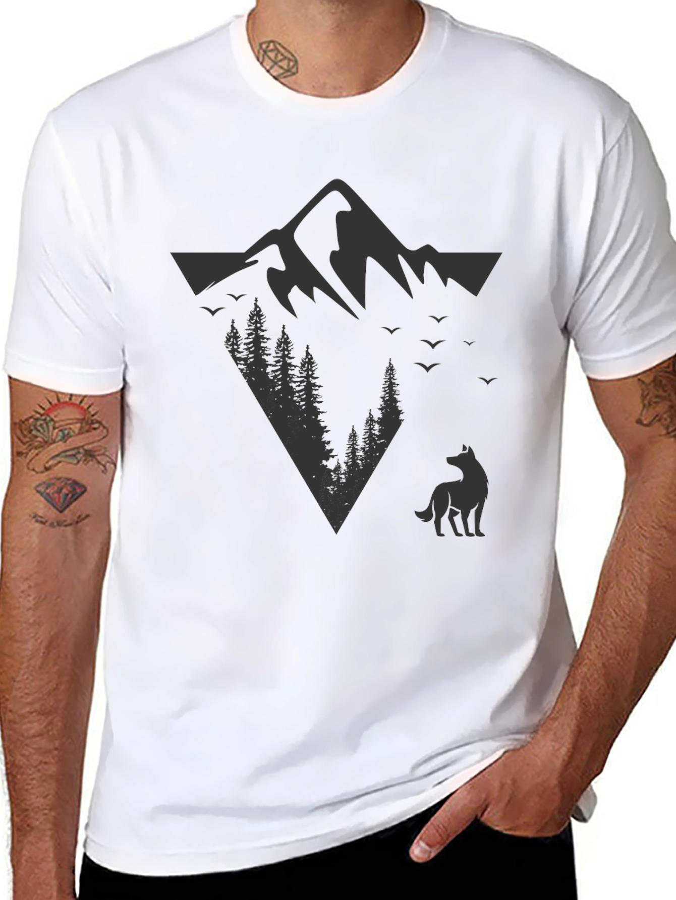 Mountain & Wolf Graphic Tee - Black Cotton T-Shirt