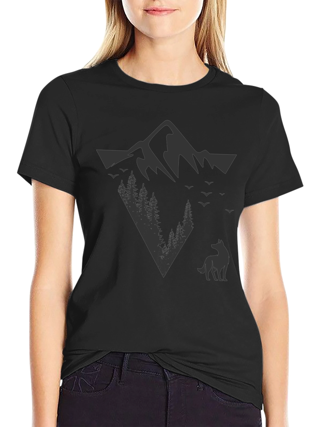 Mountain & Wolf Graphic Tee - Black Cotton T-Shirt