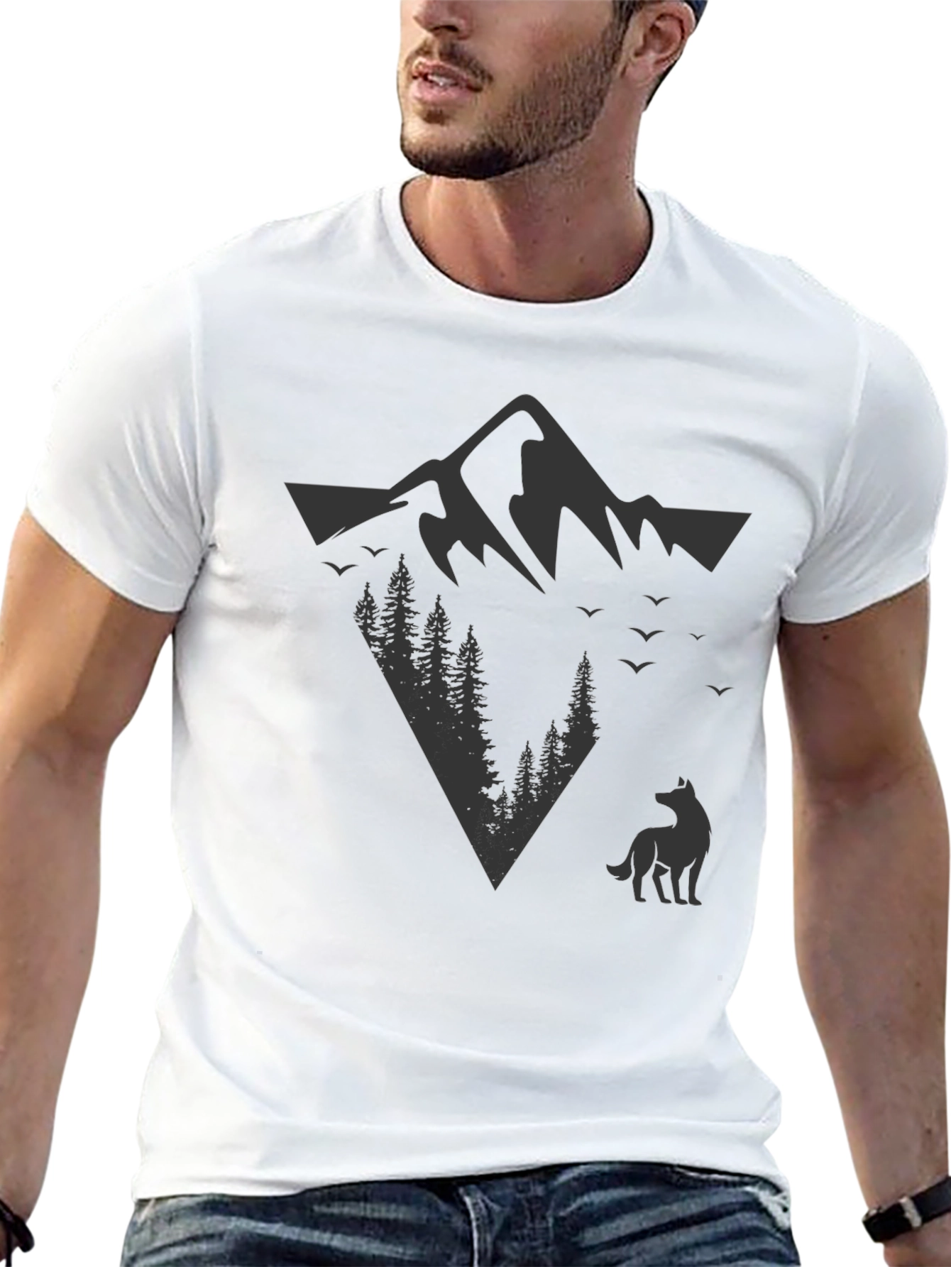 Mountain & Wolf Graphic Tee - Black Cotton T-Shirt