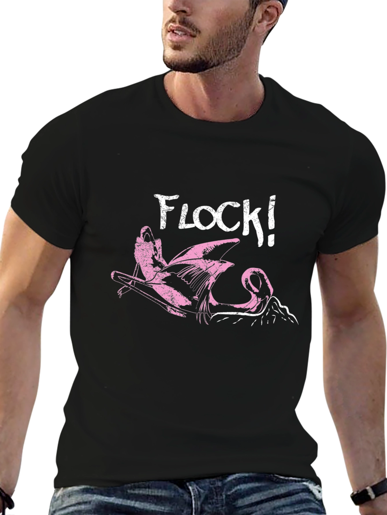 Flock! Flamingo Graphic Print Black T-Shirt