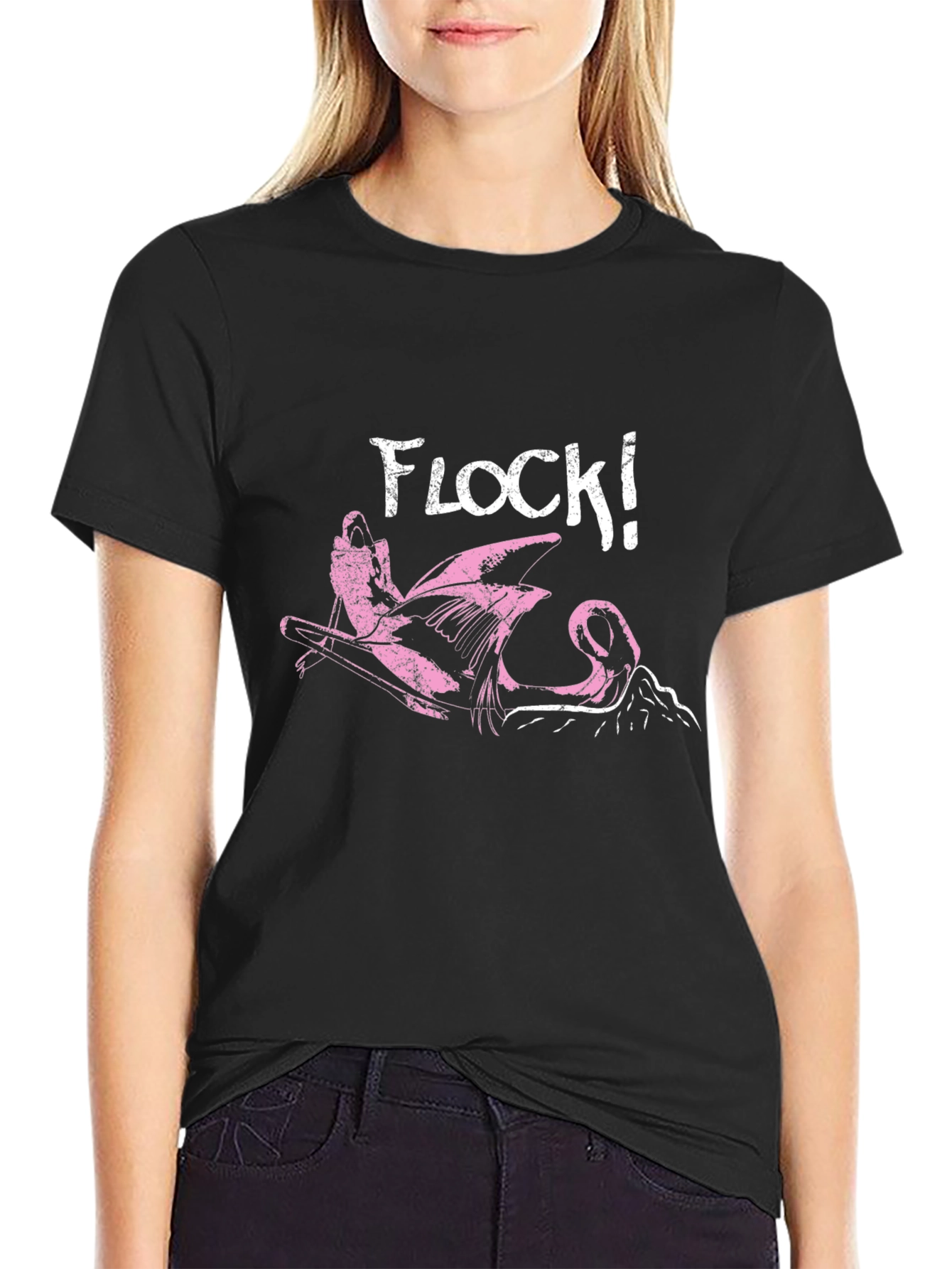 Flock! Flamingo Graphic Print Black T-Shirt