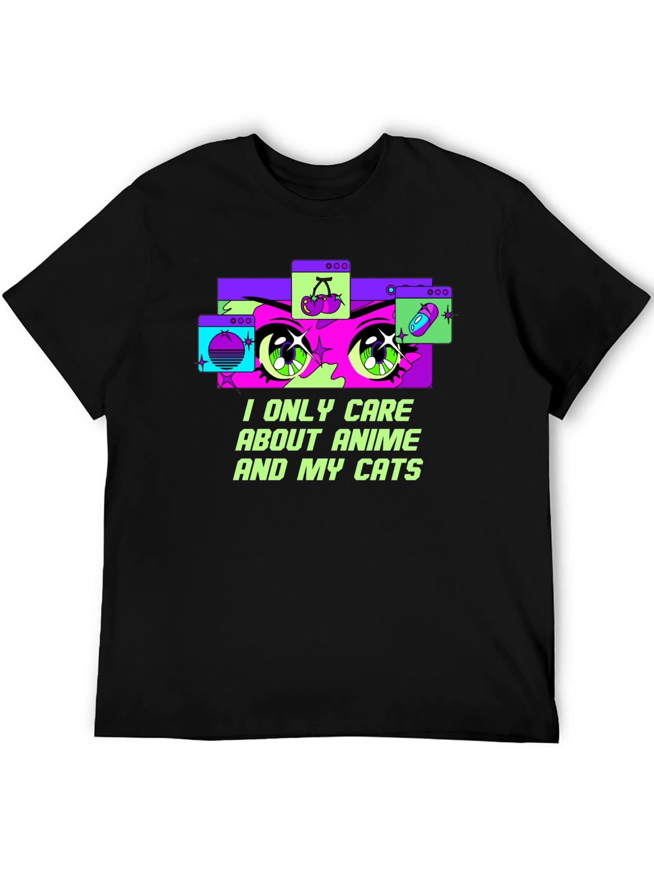 Anime and Cats Graphic Tee - Black