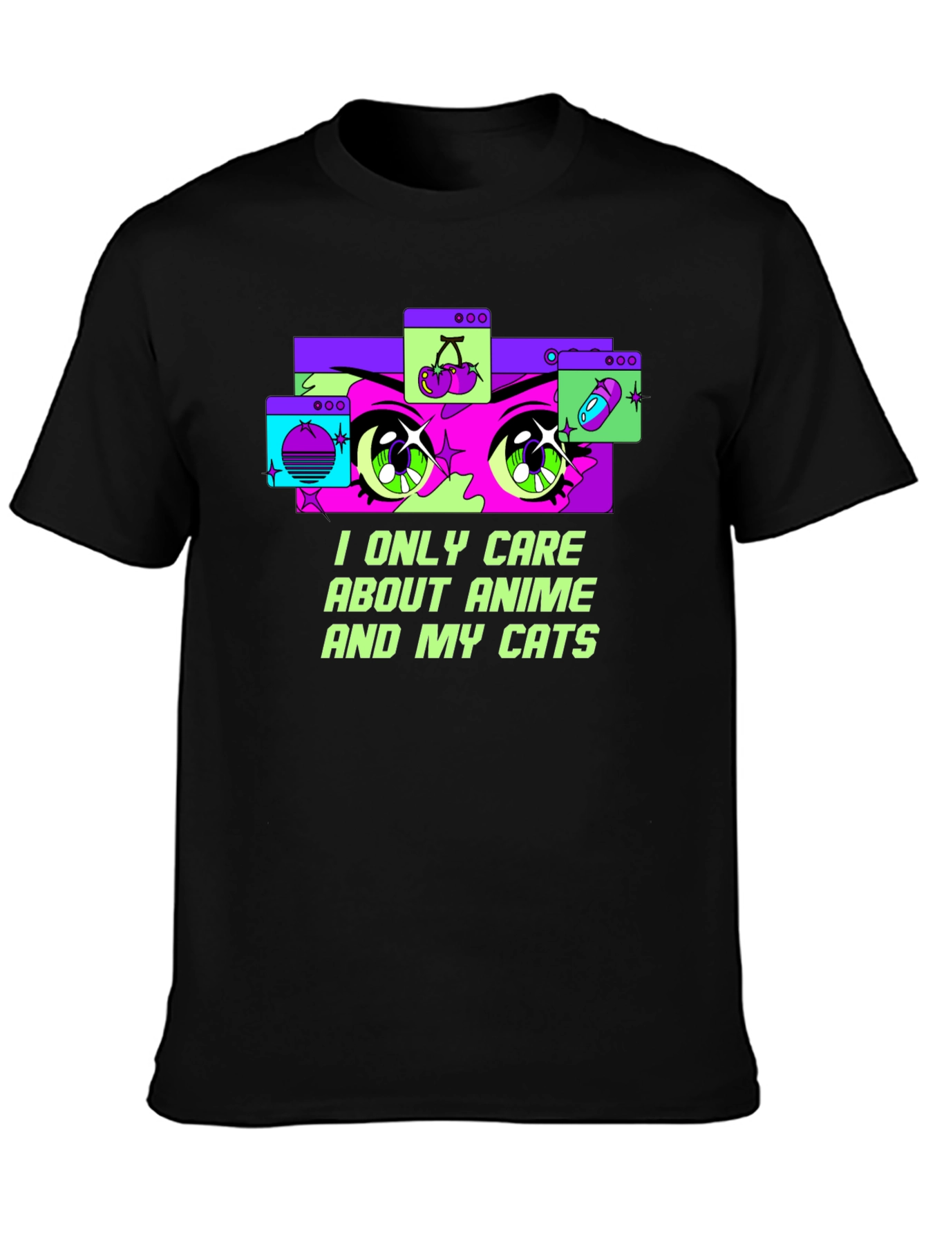 Anime and Cats Graphic Tee - Black