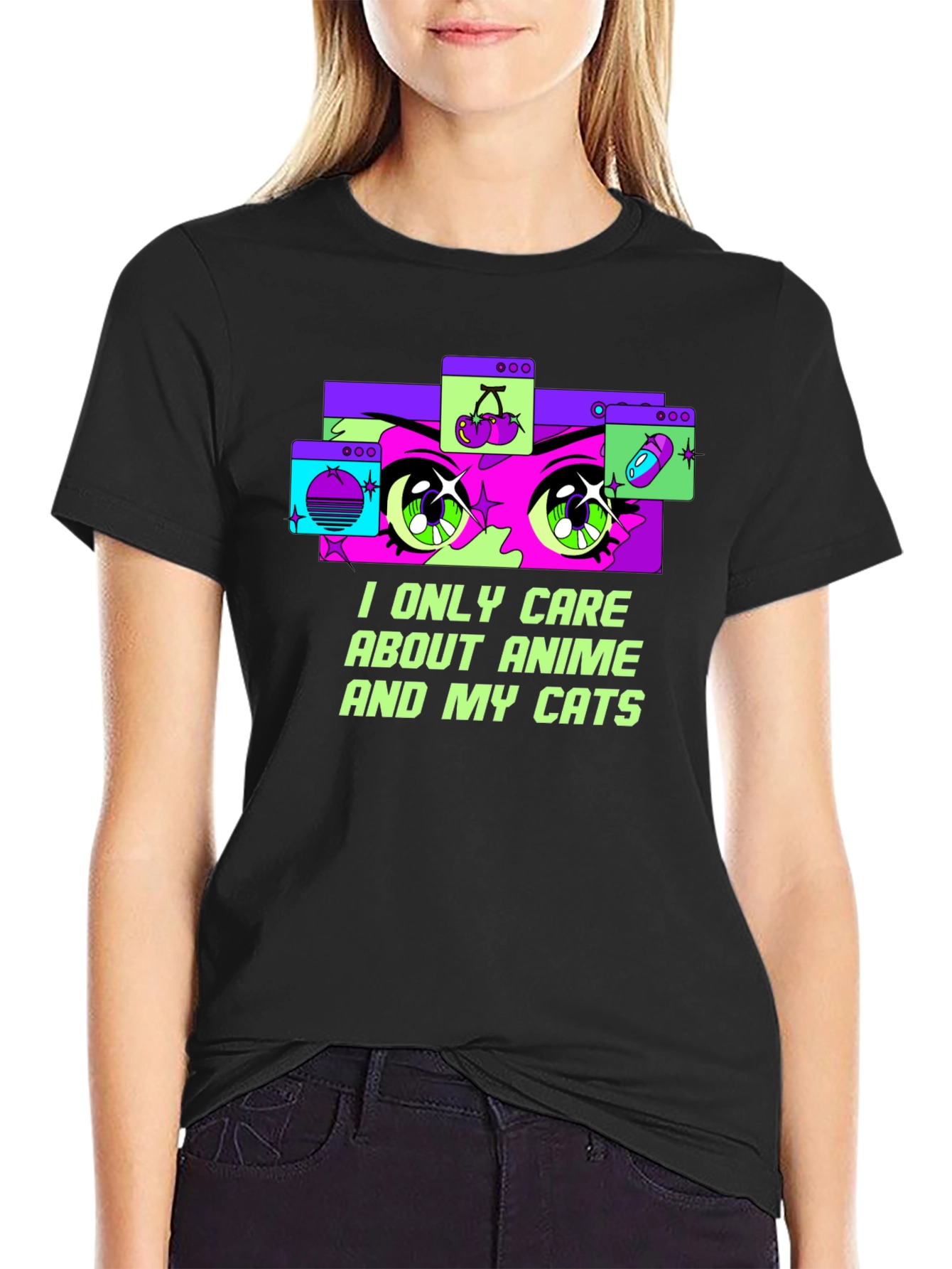 Anime and Cats Graphic Tee - Black