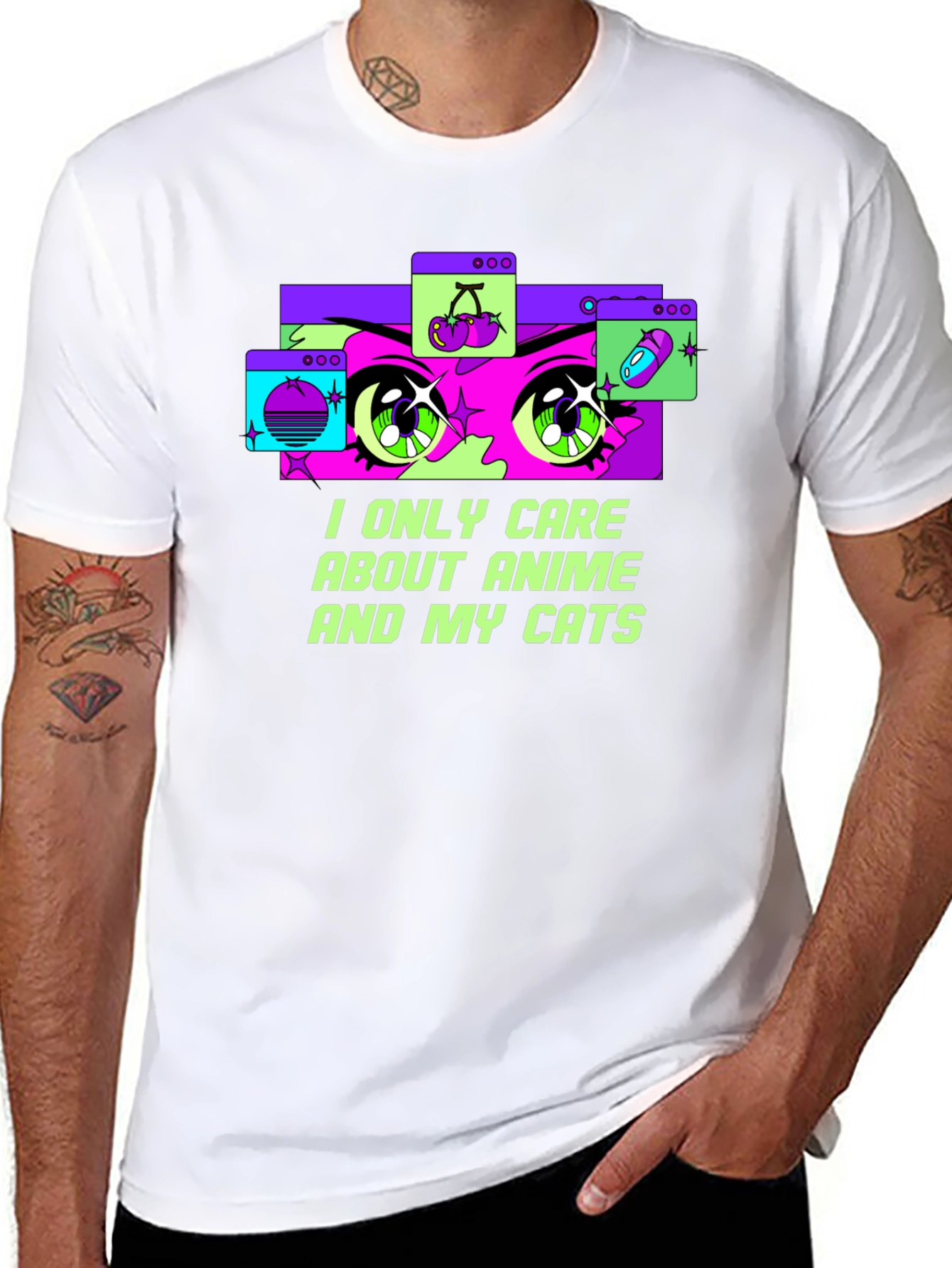 Anime and Cats Graphic Tee - Black