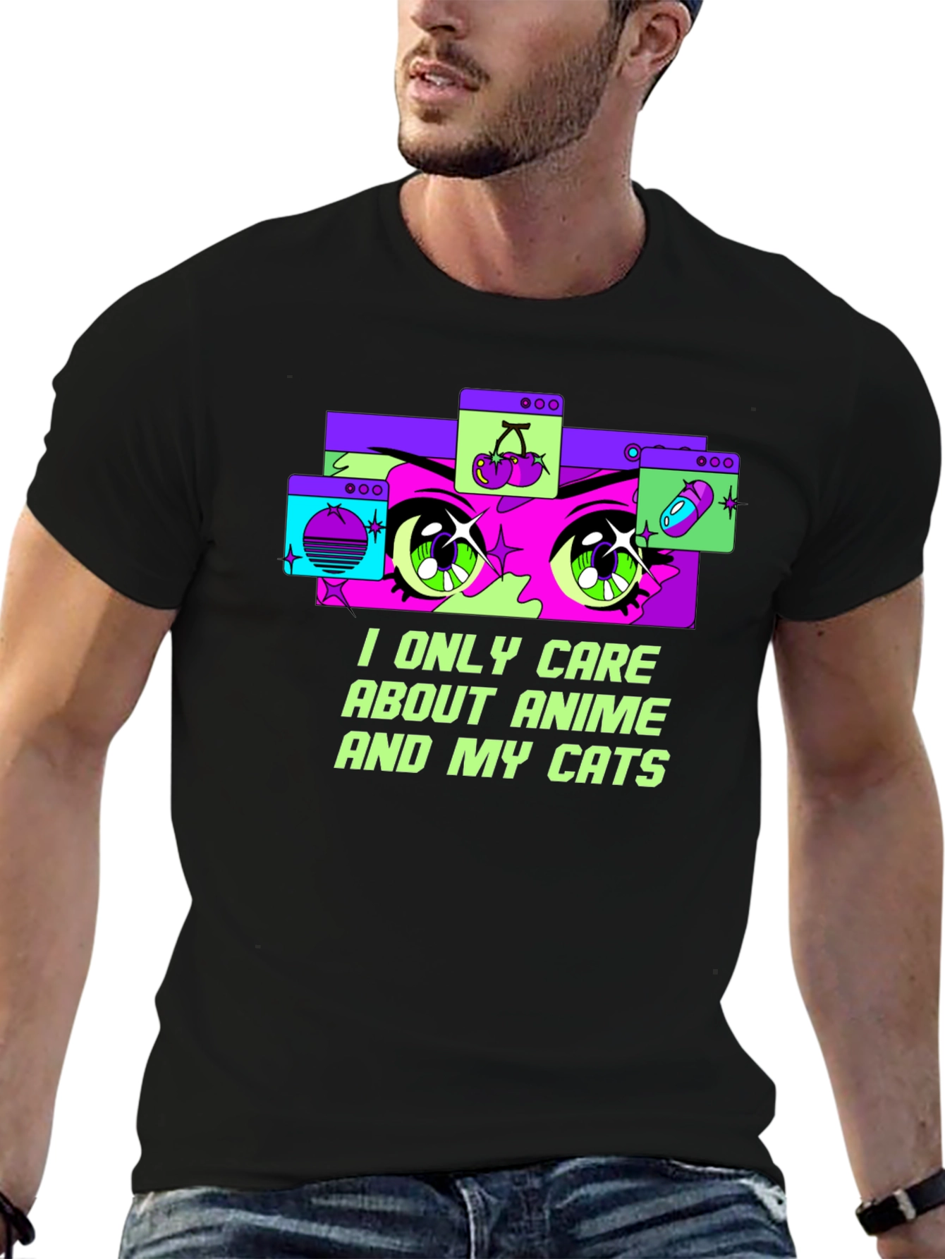 Anime and Cats Graphic Tee - Black