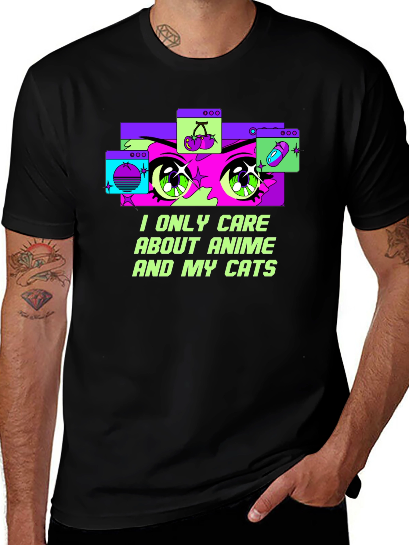 Anime and Cats Graphic Tee - Black