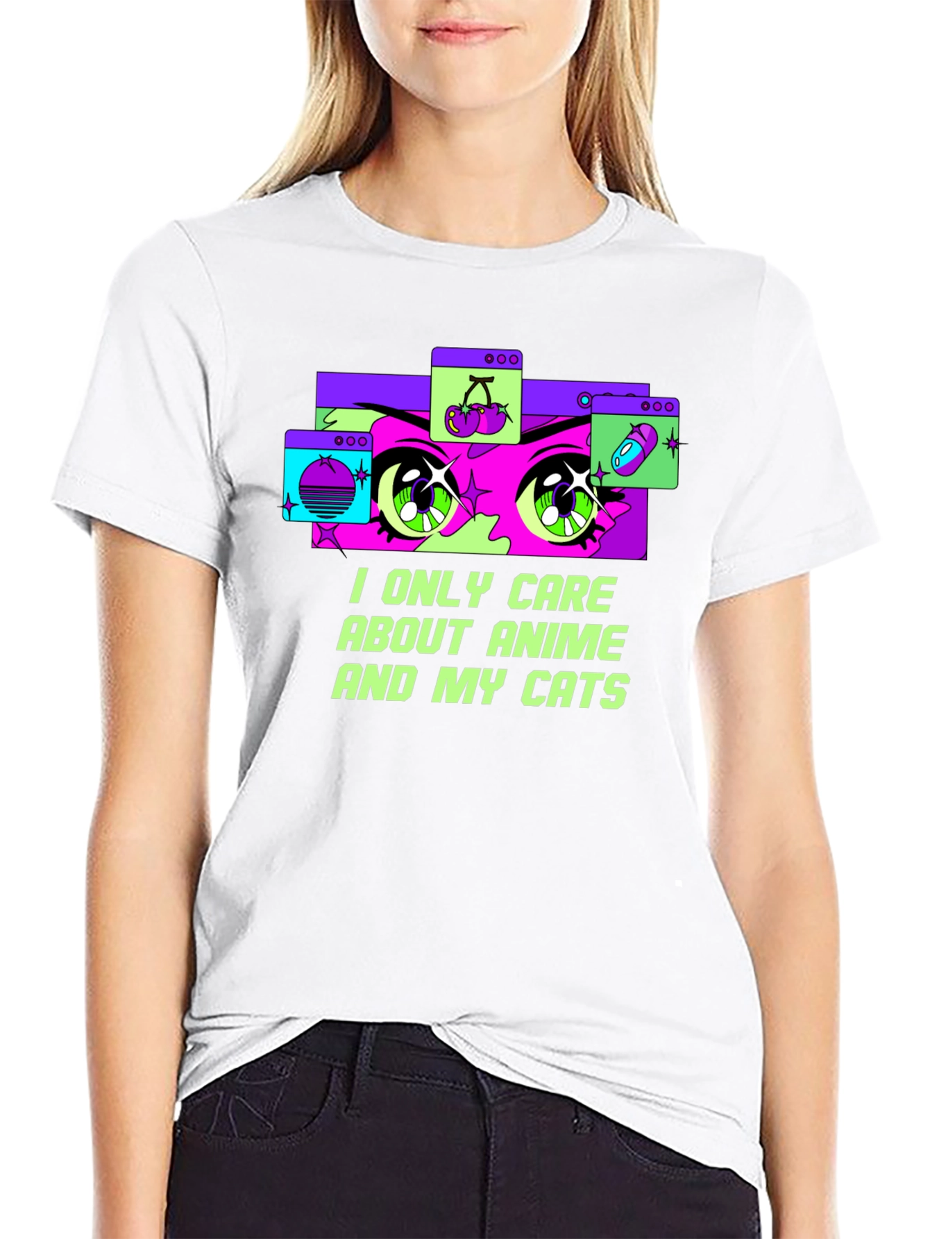 Anime and Cats Graphic Tee - Black