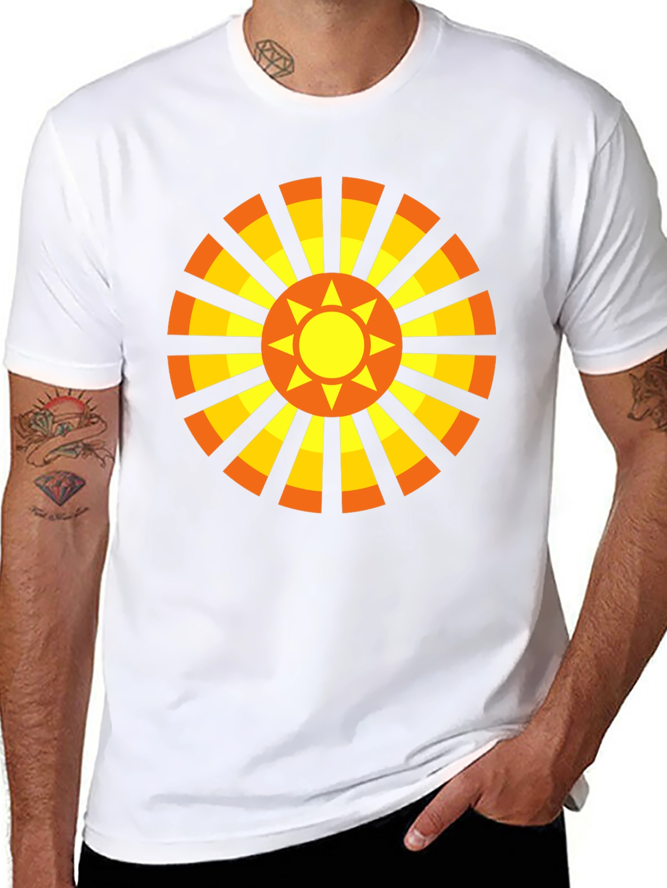 Geometric Sun Graphic Tee - Casual Black Shirt