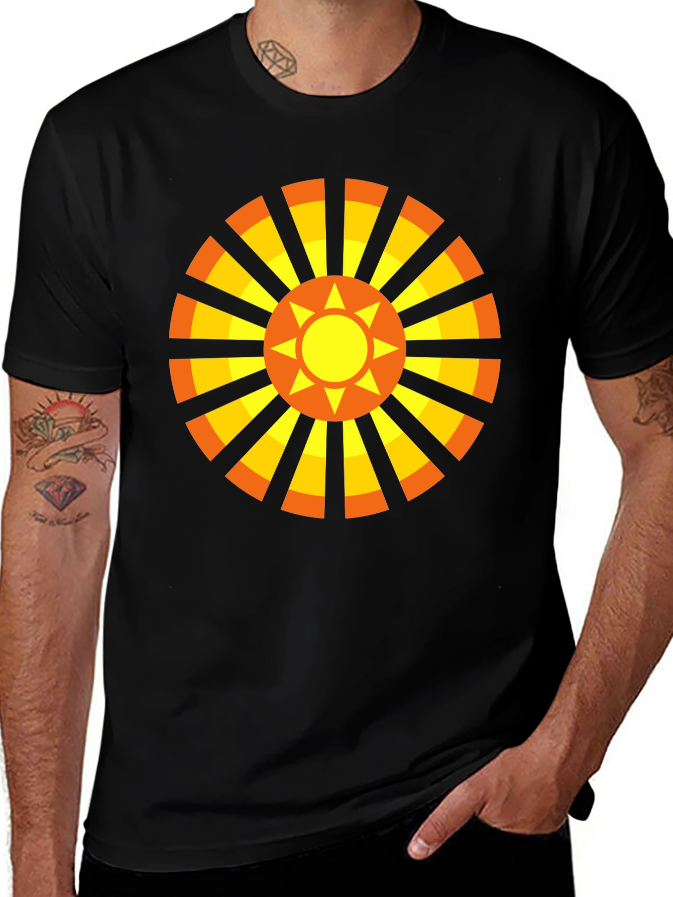 Geometric Sun Graphic Tee - Casual Black Shirt