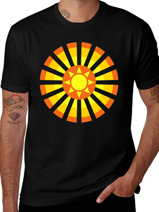 Geometric Sun Graphic Tee - Casual Black Shirt