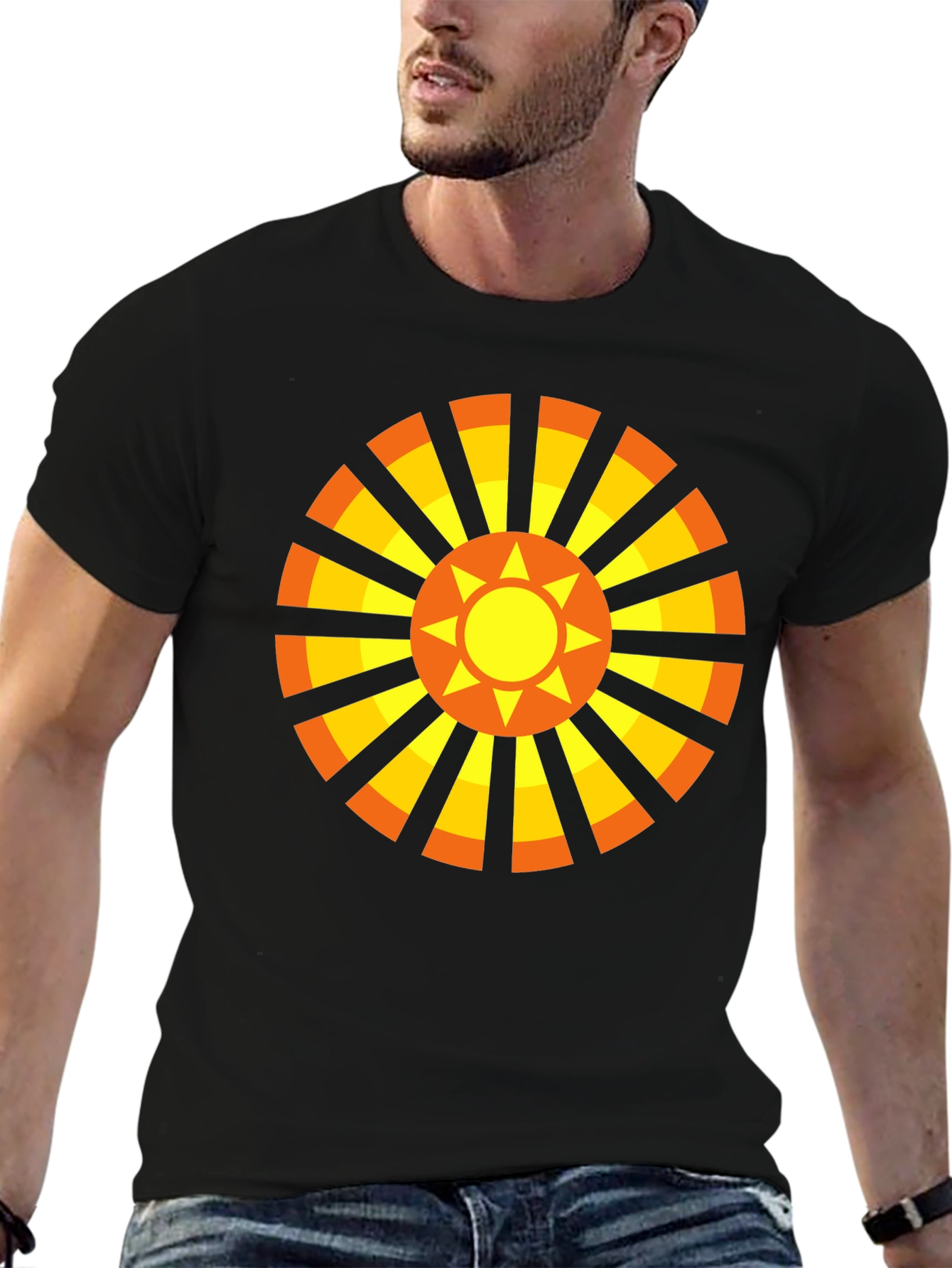 Geometric Sun Graphic Tee - Casual Black Shirt