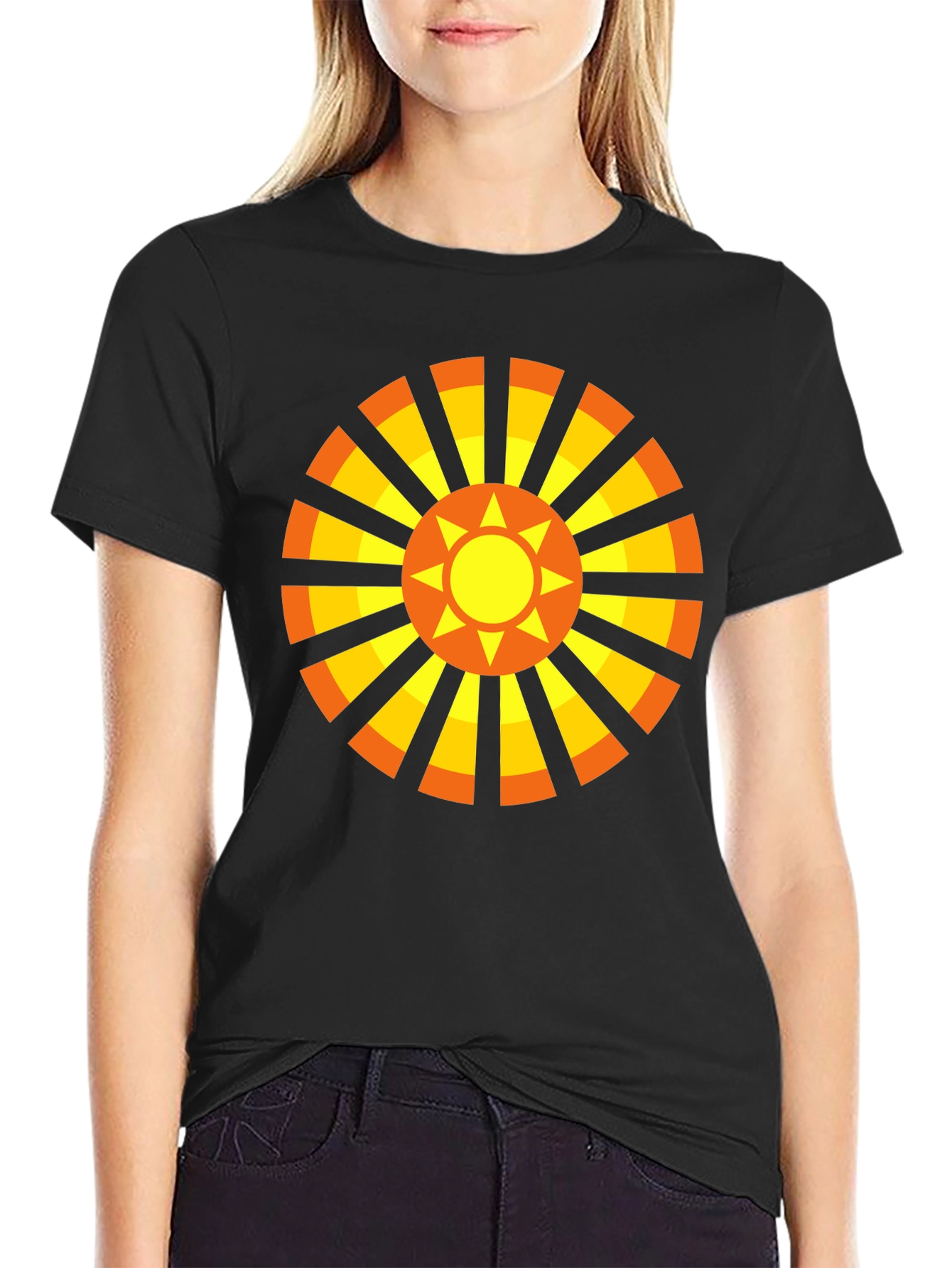 Geometric Sun Graphic Tee - Casual Black Shirt