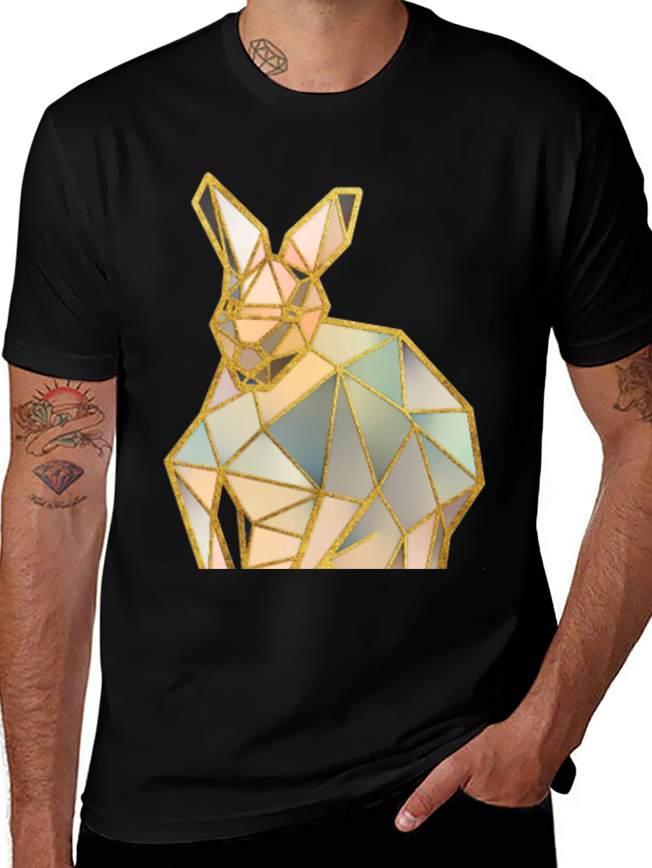Geometric Rabbit Graphic Black T-Shirt